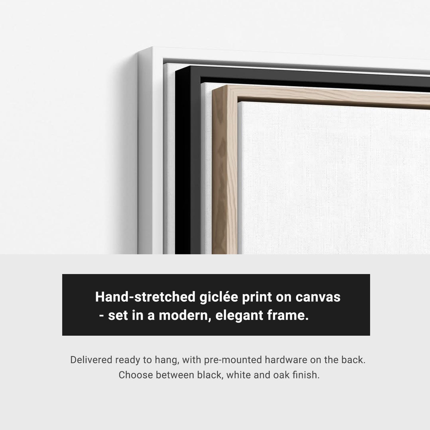 canvas wall art frame options including black white and oak floater frames