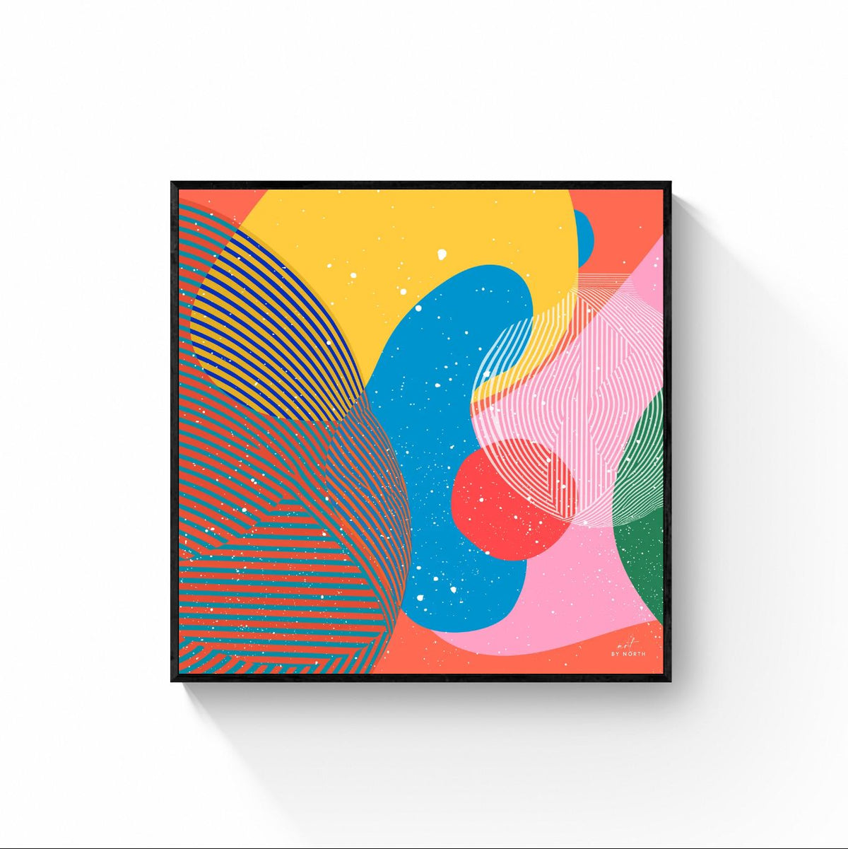 abstract geometric canvas wall art with black floater frame on neutral wall