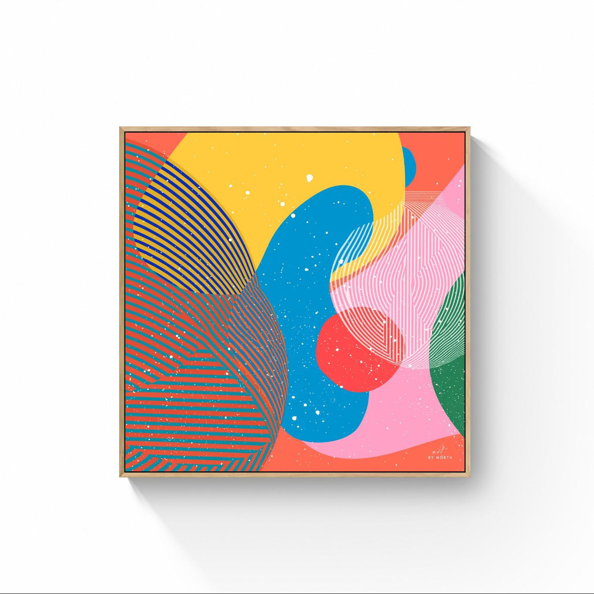 abstract geometric canvas wall art with oak floater frame on white wall
