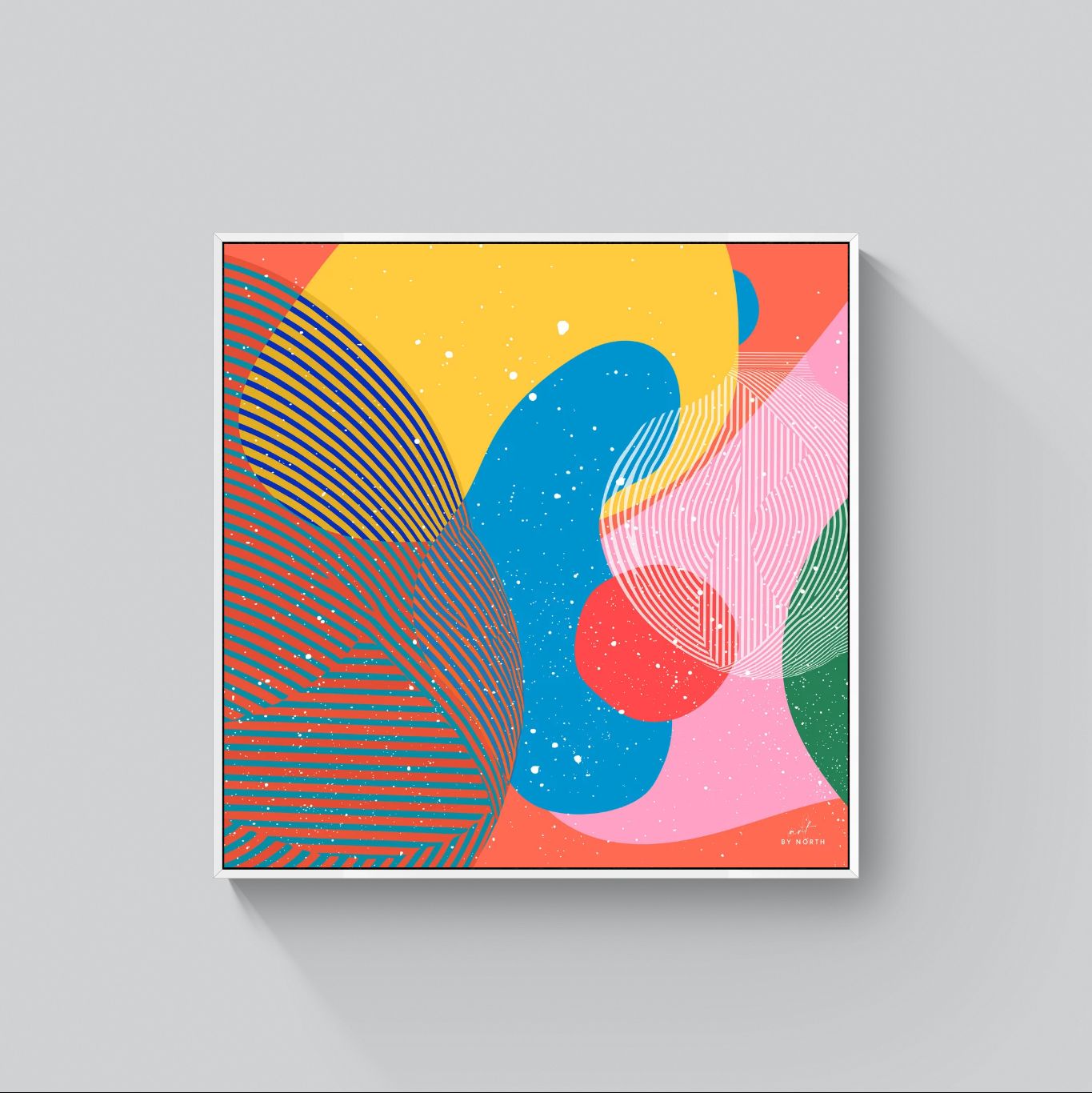 abstract geometric canvas wall art with white floater frame in bright interior