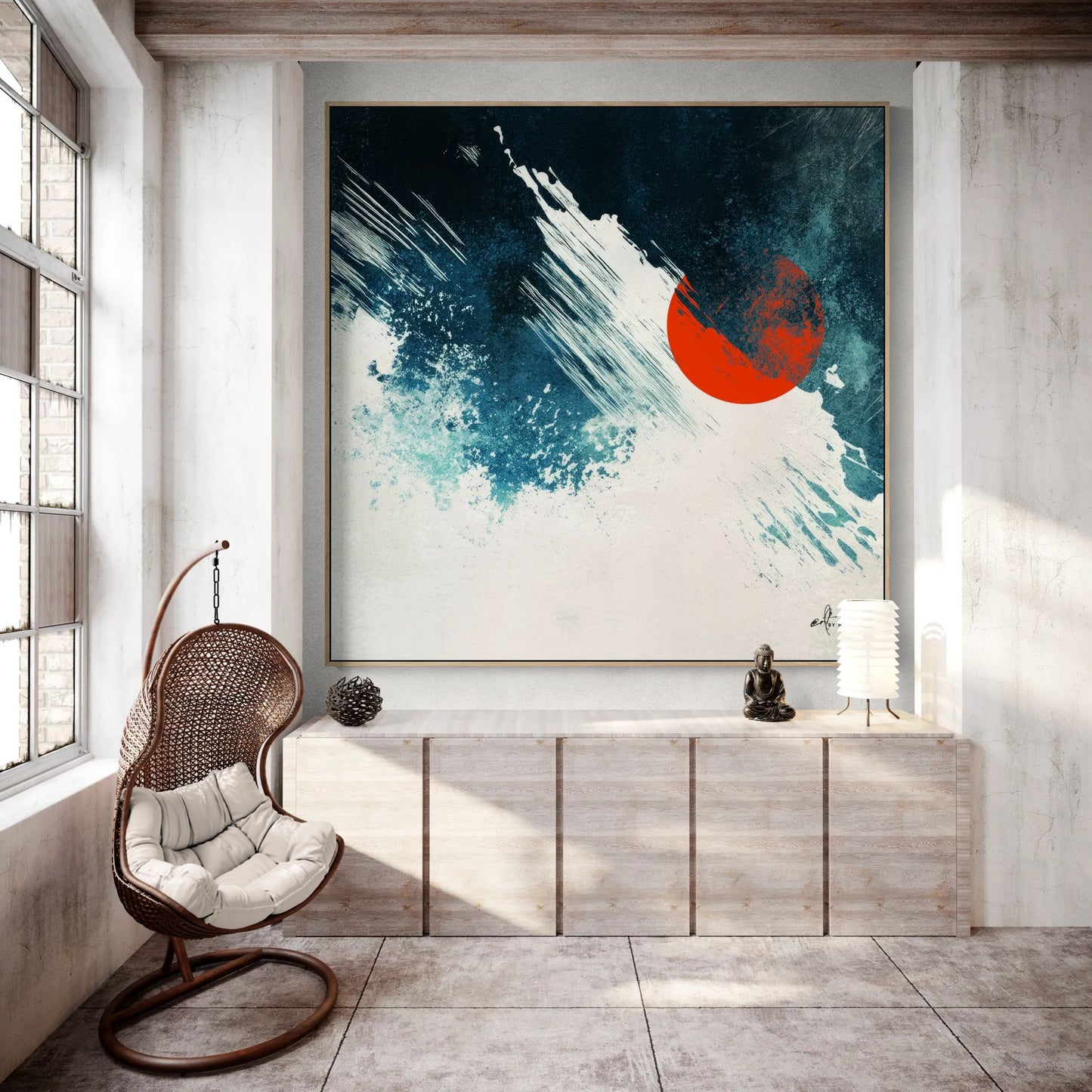 geometric abstract canvas wall art in modern interior with textured blue background and red circle detail
