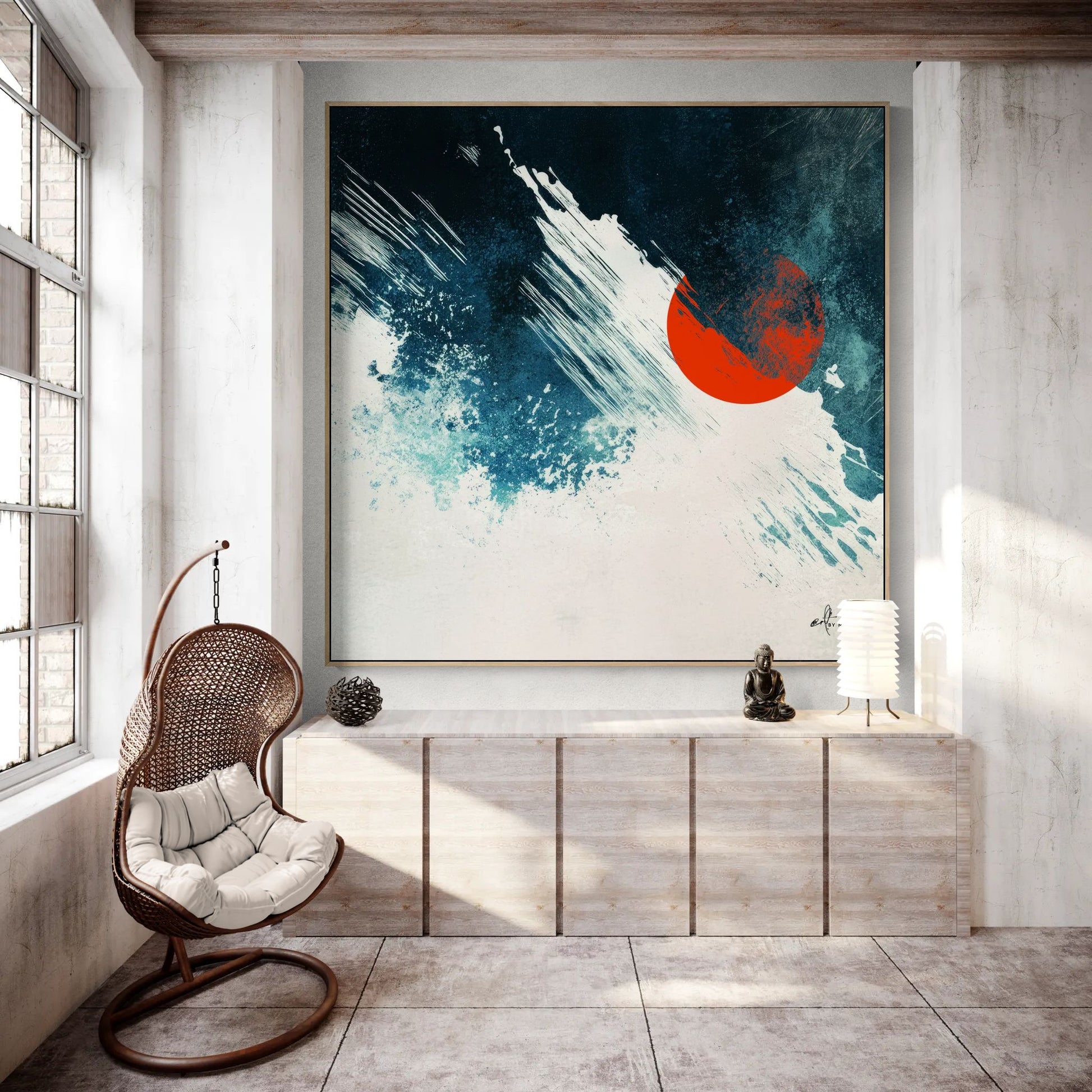 geometric abstract canvas wall art in modern interior with textured blue background and red circle detail