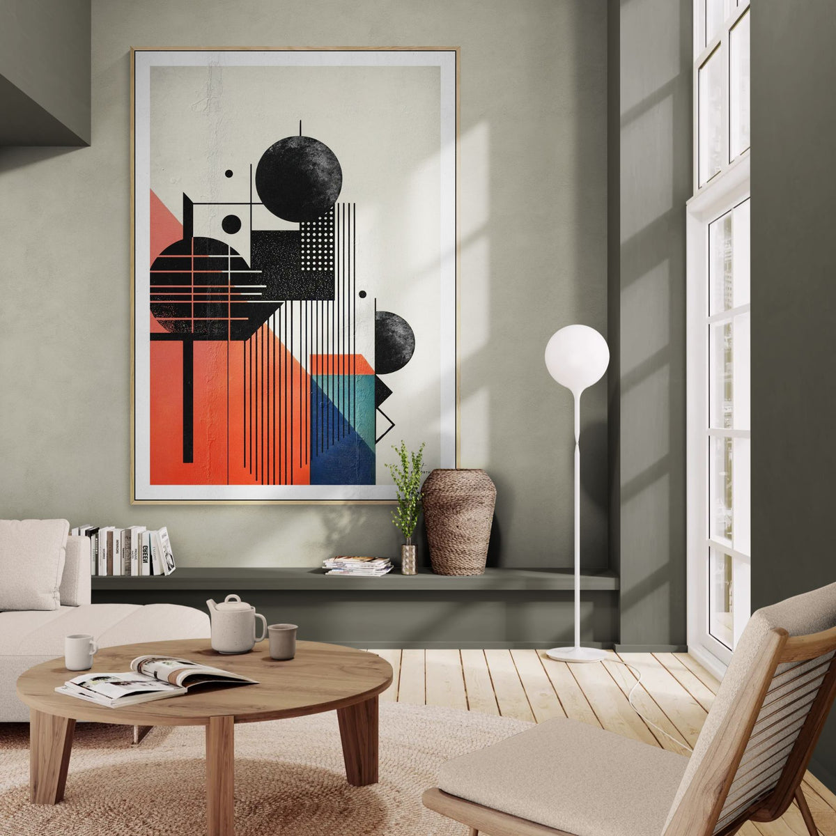 geometric abstract canvas wall art in contemporary interior with strong lines and contrast