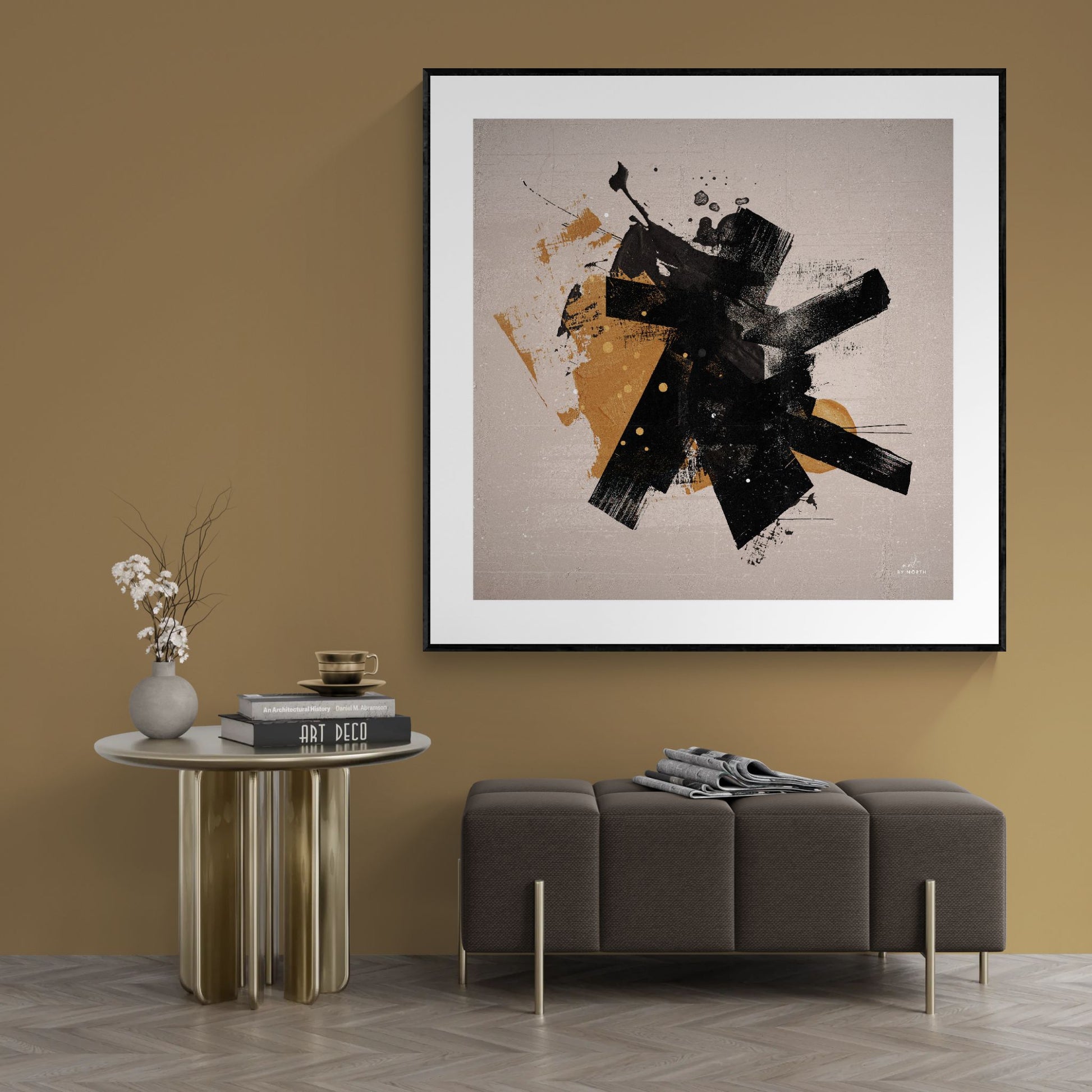 abstract geometric canvas wall art in modern living room with black contrast shapes and neutral tones