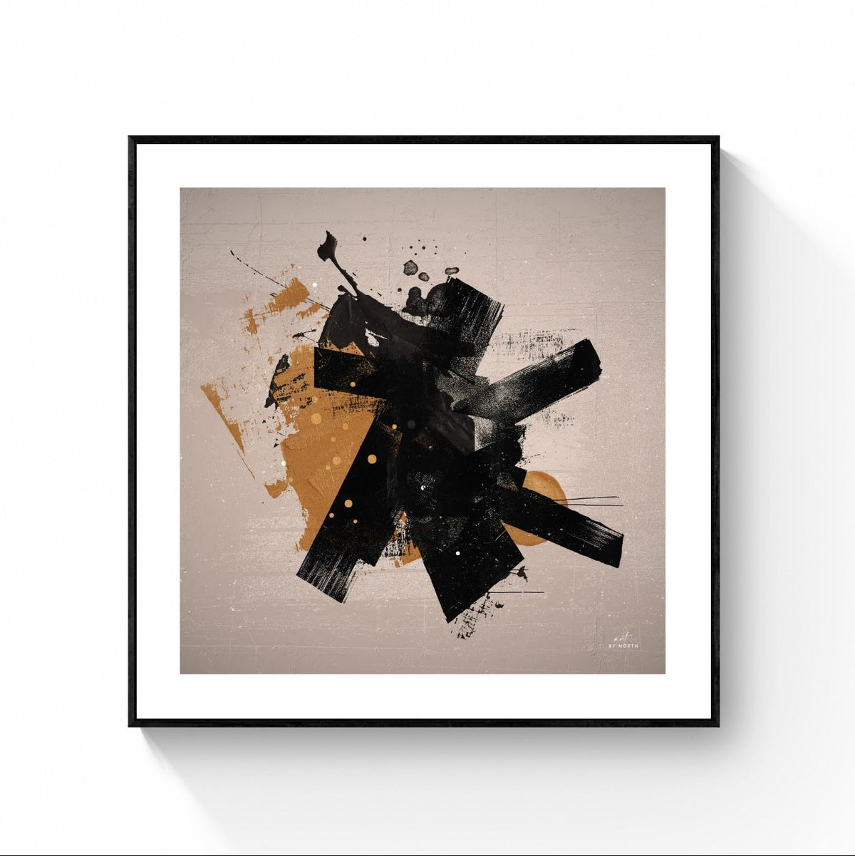 abstract geometric canvas wall art with black floater frame and strong contrast composition