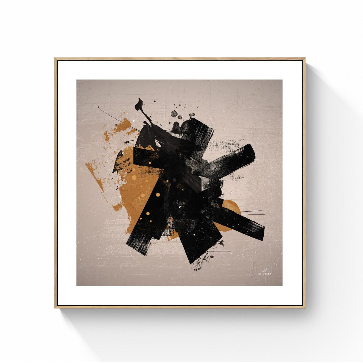 abstract geometric canvas wall art with oak floater frame and warm neutral tones