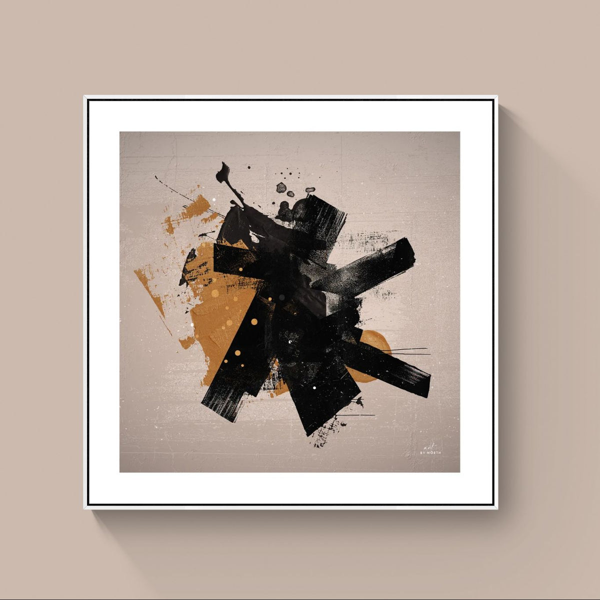 abstract geometric canvas wall art with white floater frame in clean modern setting