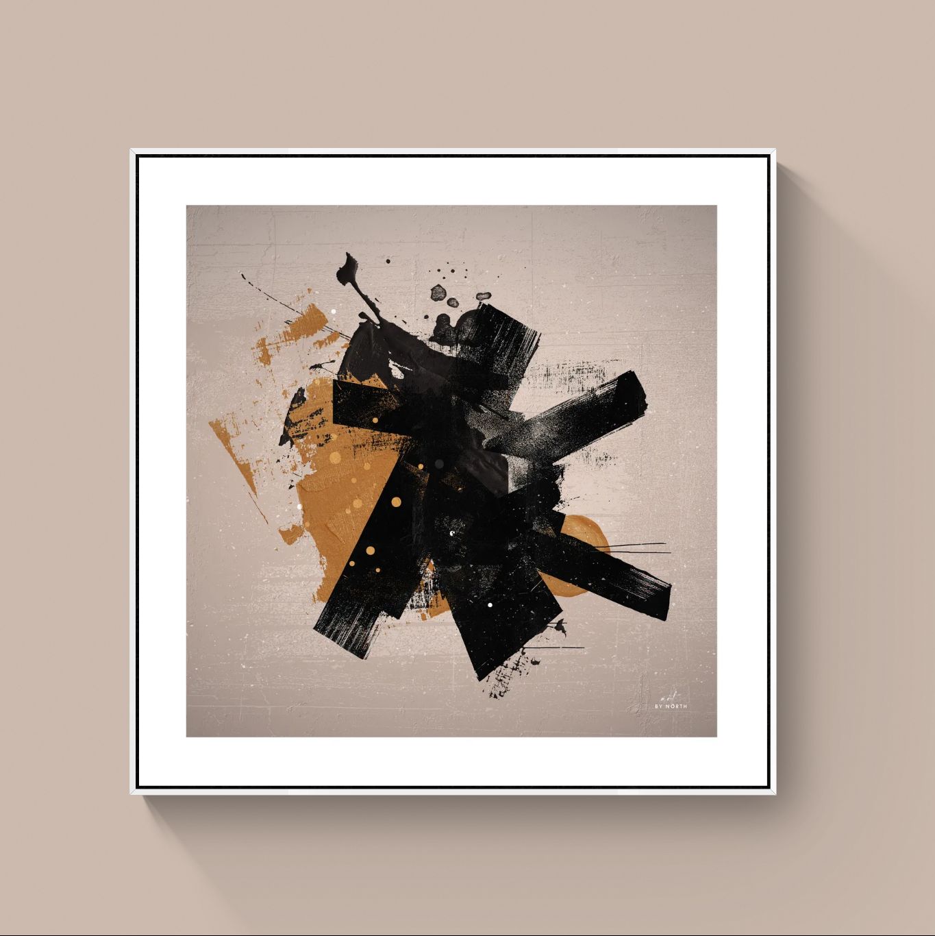 abstract geometric canvas wall art with white floater frame in clean modern setting