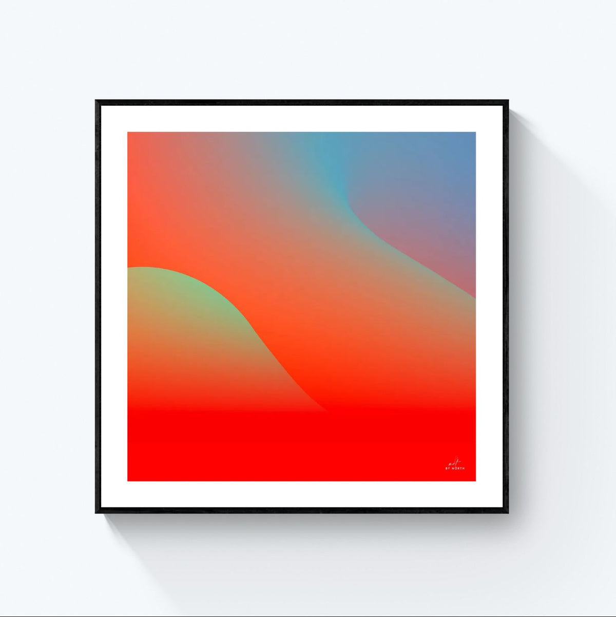 abstract gradient canvas wall art with black floater frame on neutral wall