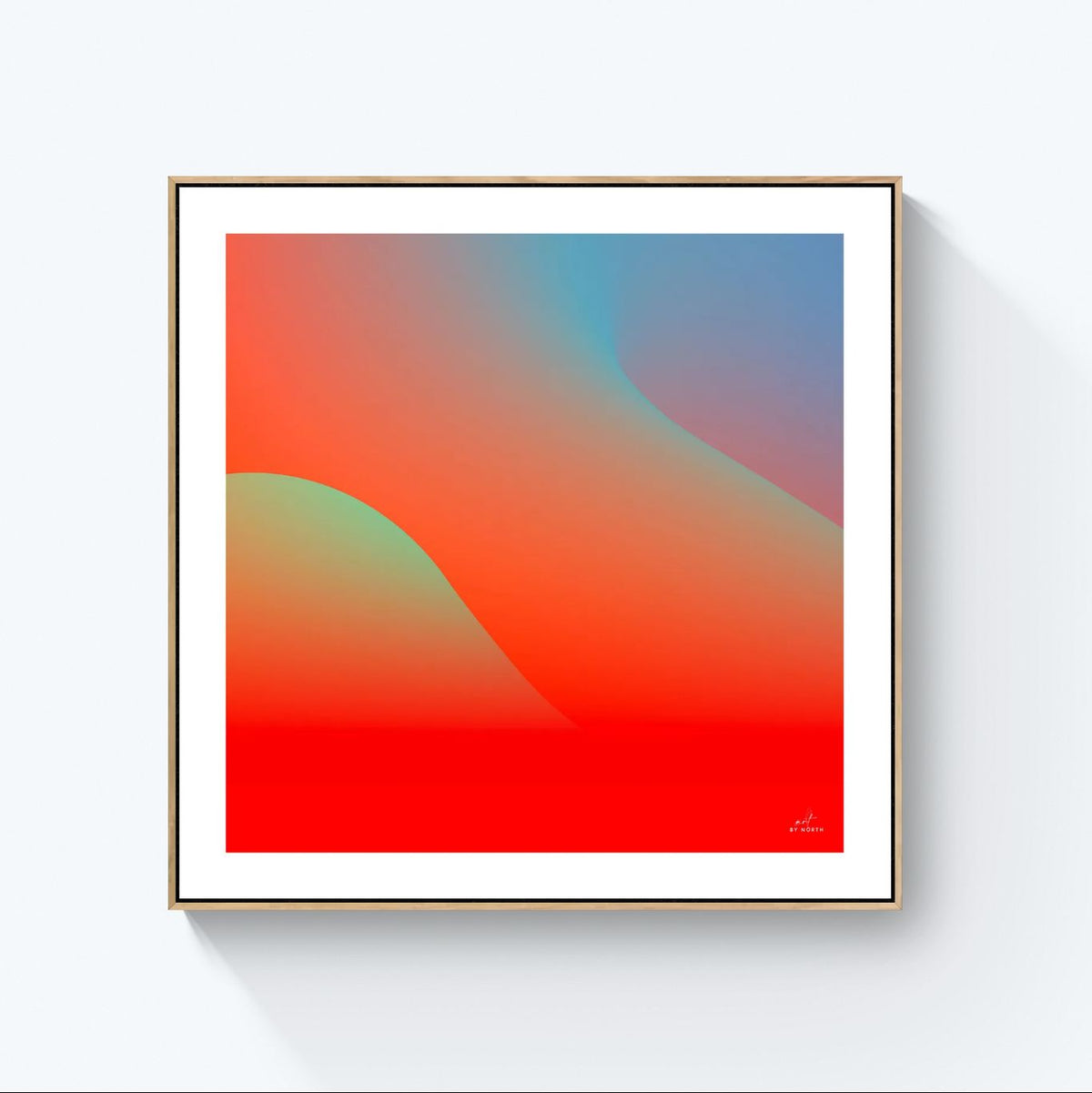 abstract gradient canvas wall art with oak floater frame in modern interior