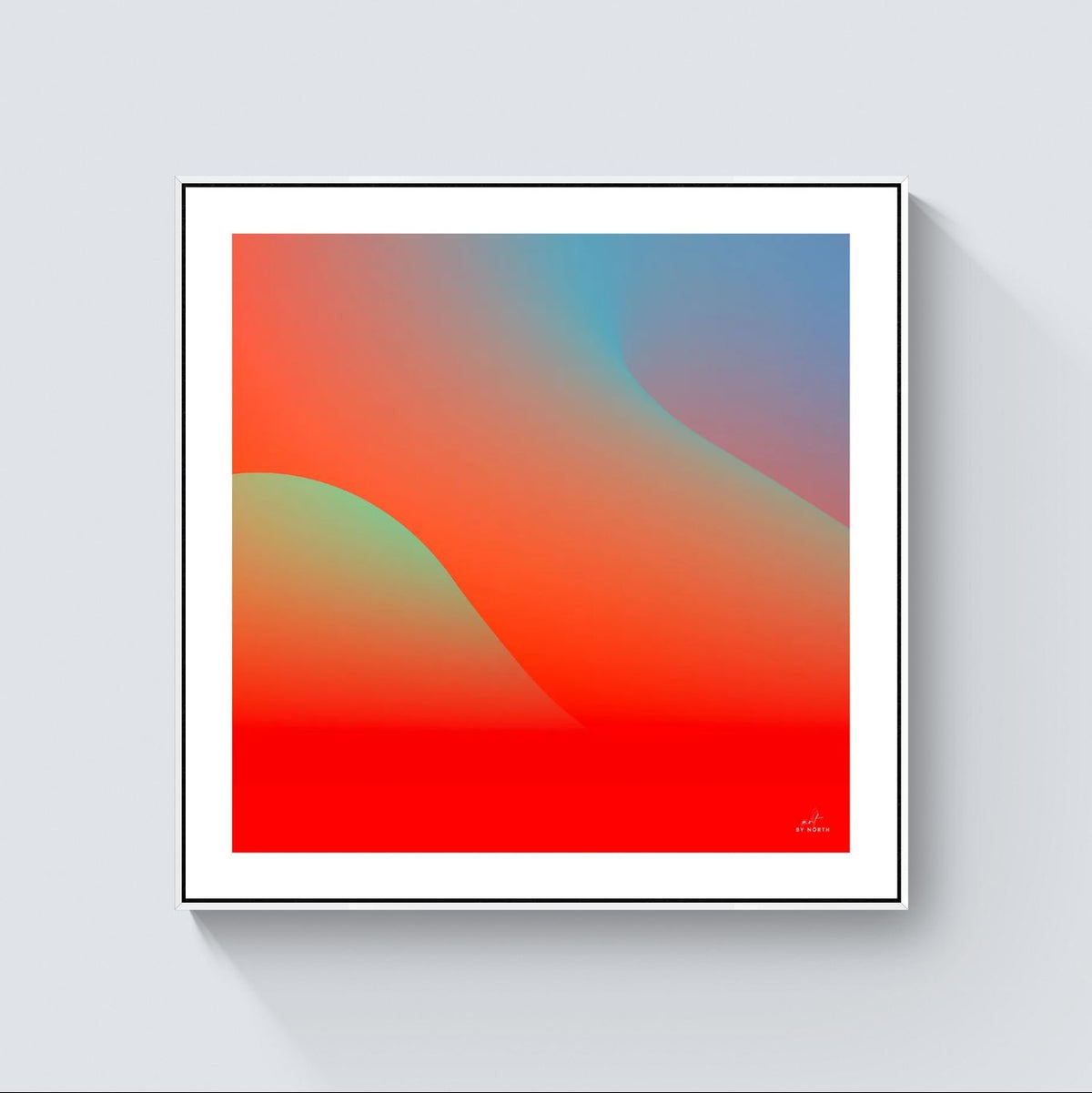 abstract gradient canvas wall art with white floater frame on bright wall