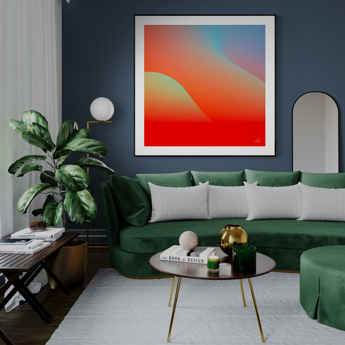 abstract gradient canvas wall art on blue wall in modern living room 