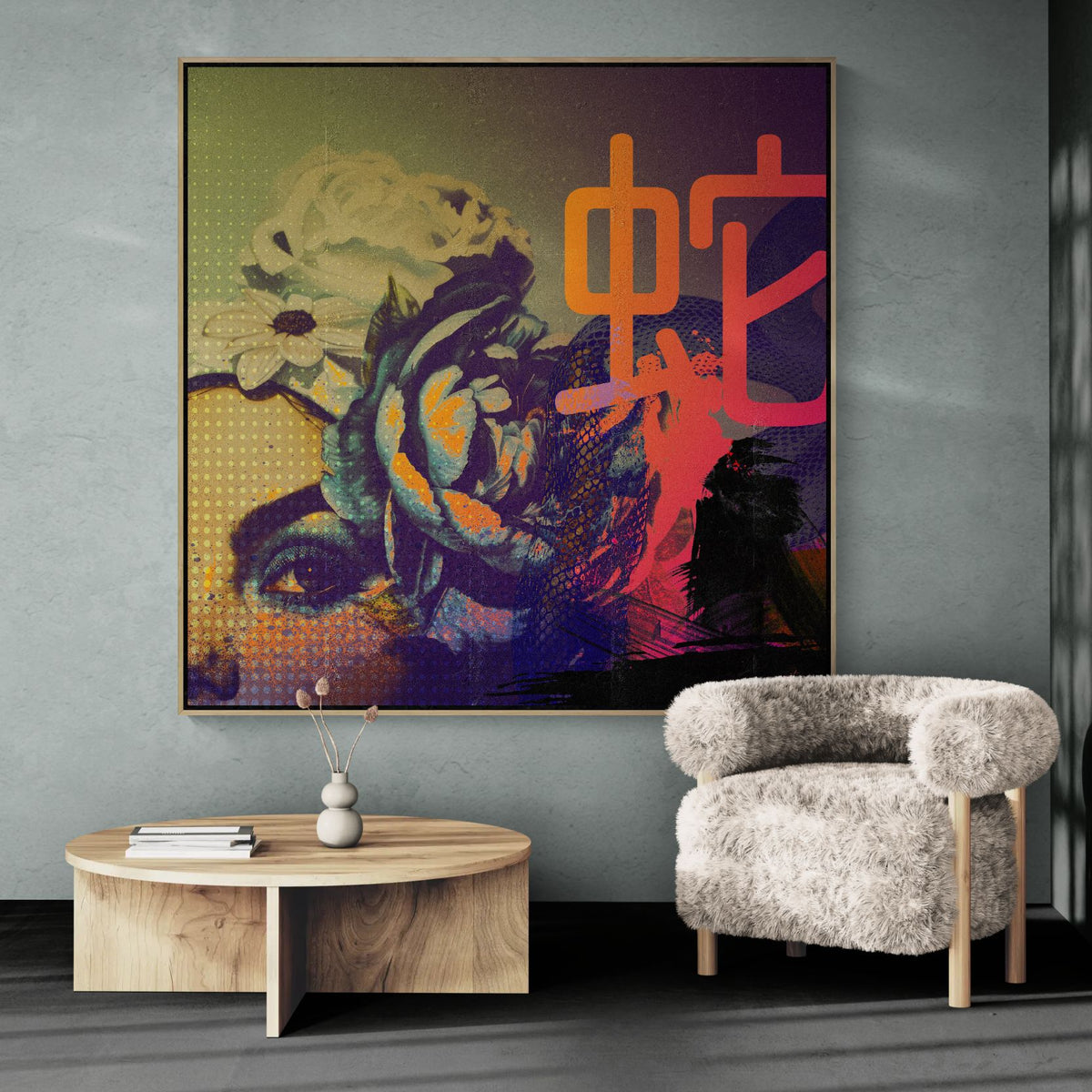 figurative abstract wall art with layered textures and vibrant accents in modern space