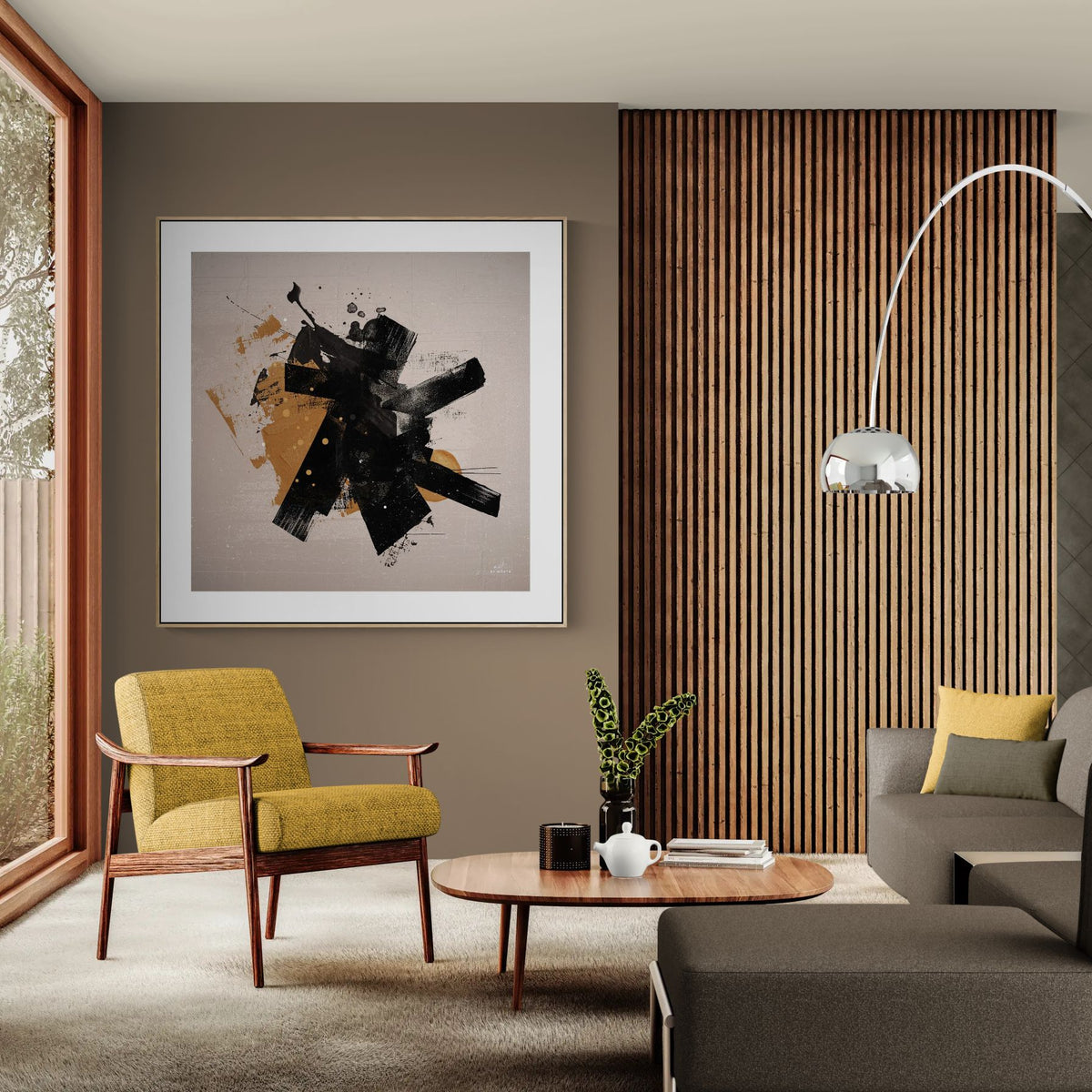 abstract geometric wall art canvas print in contemporary interior with strong black shapes and warm tones