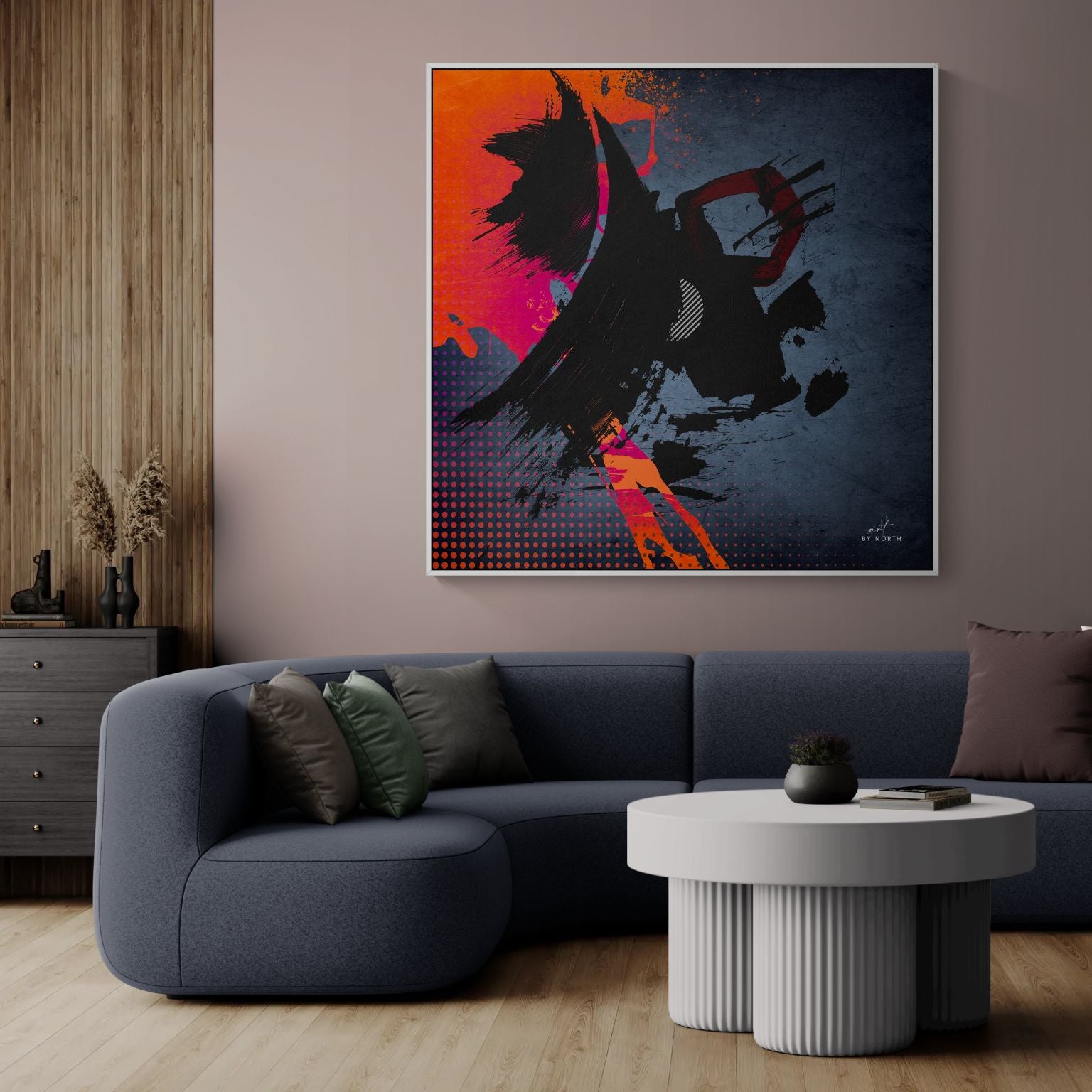 abstract geometric wall art with dark tones and strong contrast in modern interior