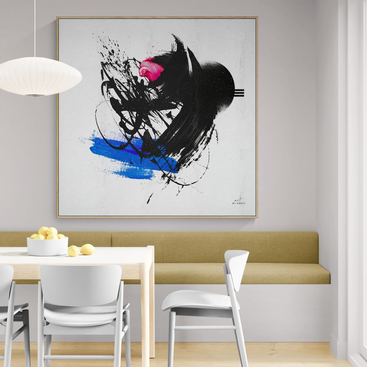 abstract geometric wall art with black brush strokes and color accents in modern interior