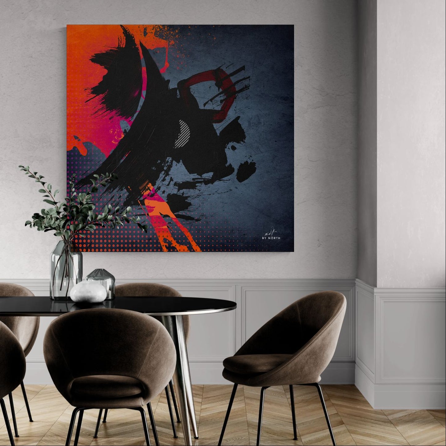 abstract geometric wall art with dark tones and strong contrast in modern dining room