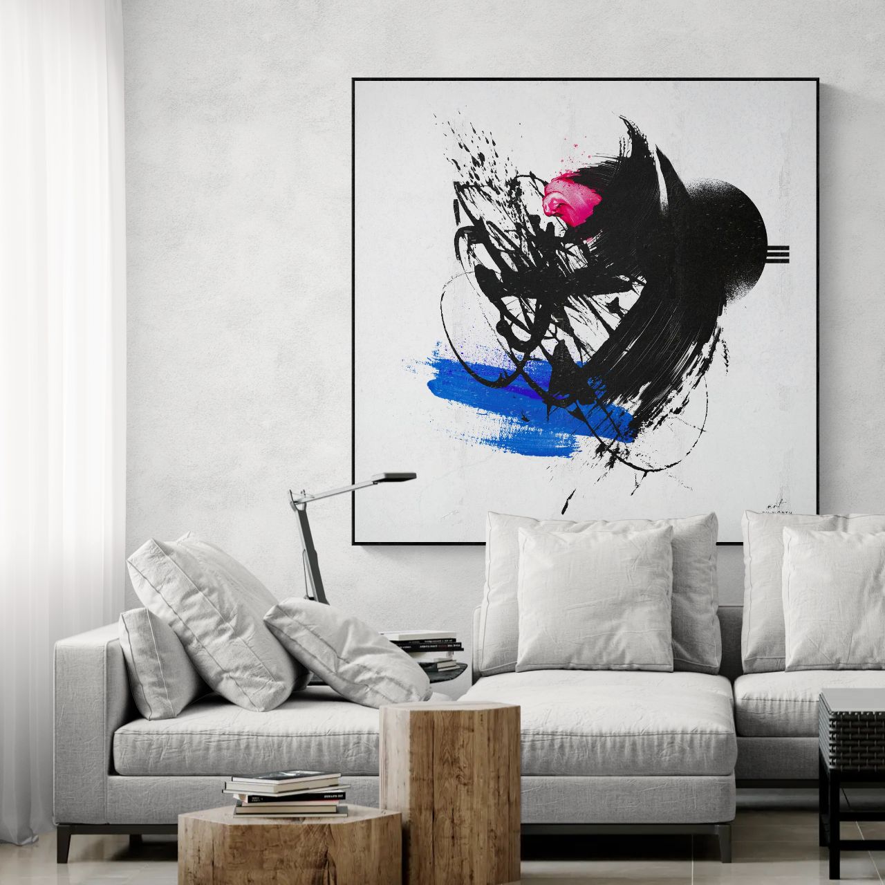 abstract geometric wall art with expressive brush forms in stylish interior