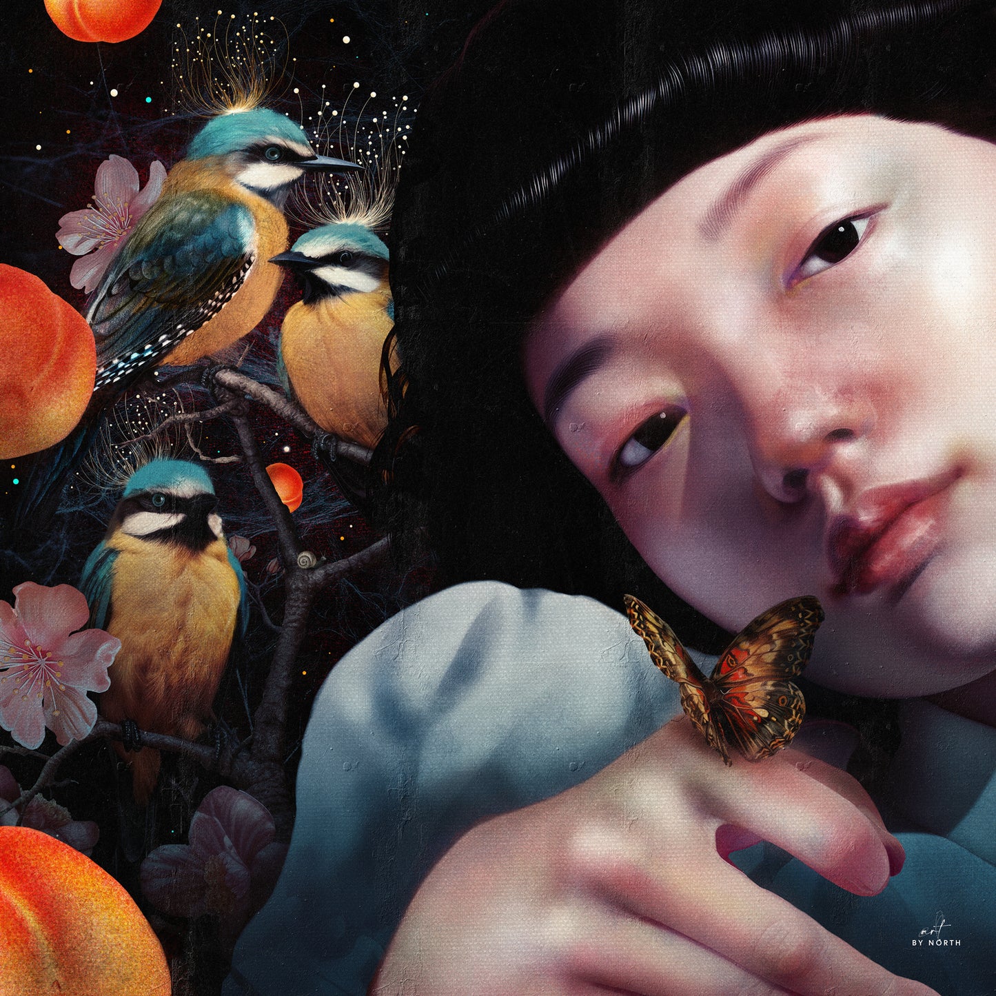modern wall art with figurative portrait woman birds butterfly floral elements dark rich tones