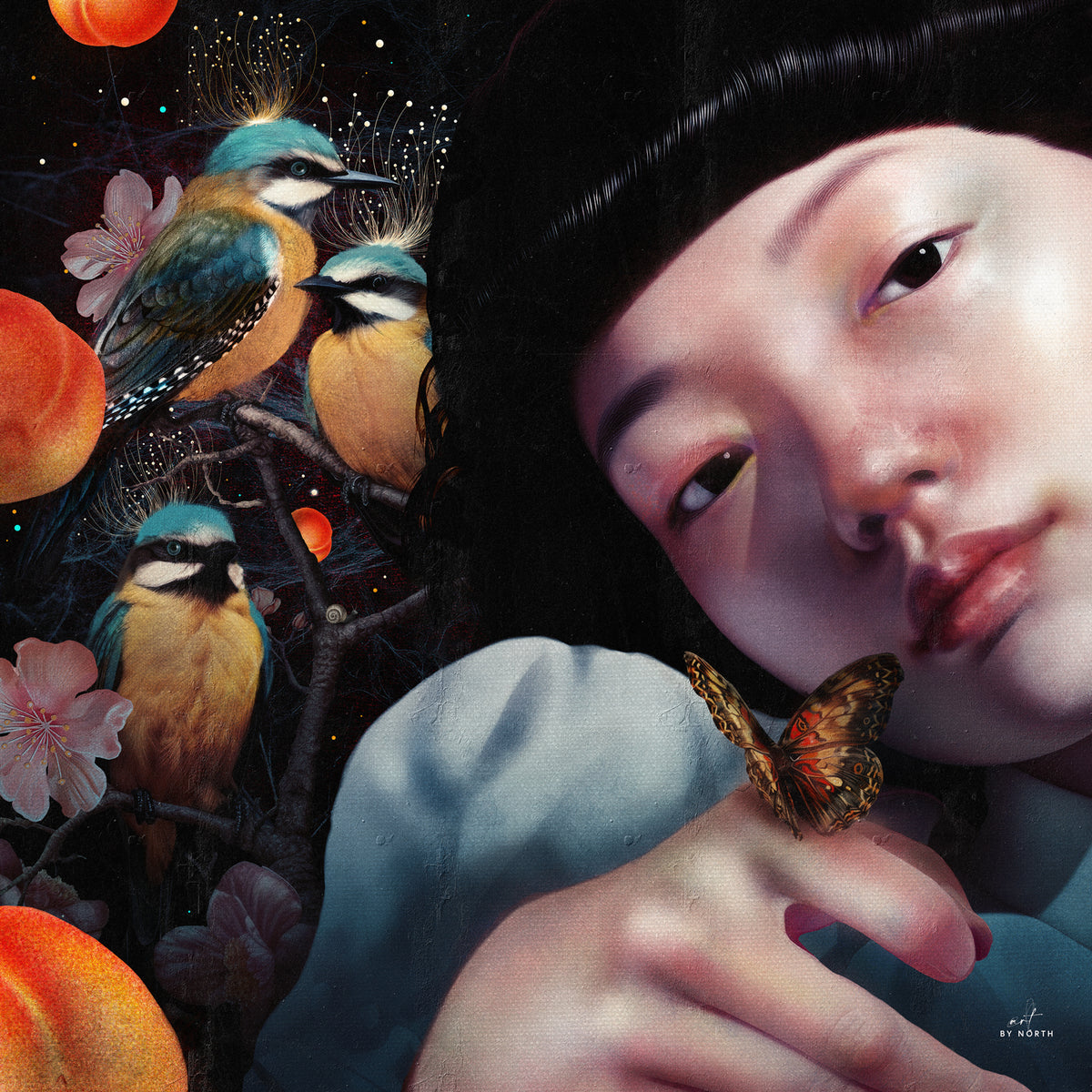 modern wall art with figurative portrait woman birds butterfly floral elements dark rich tones