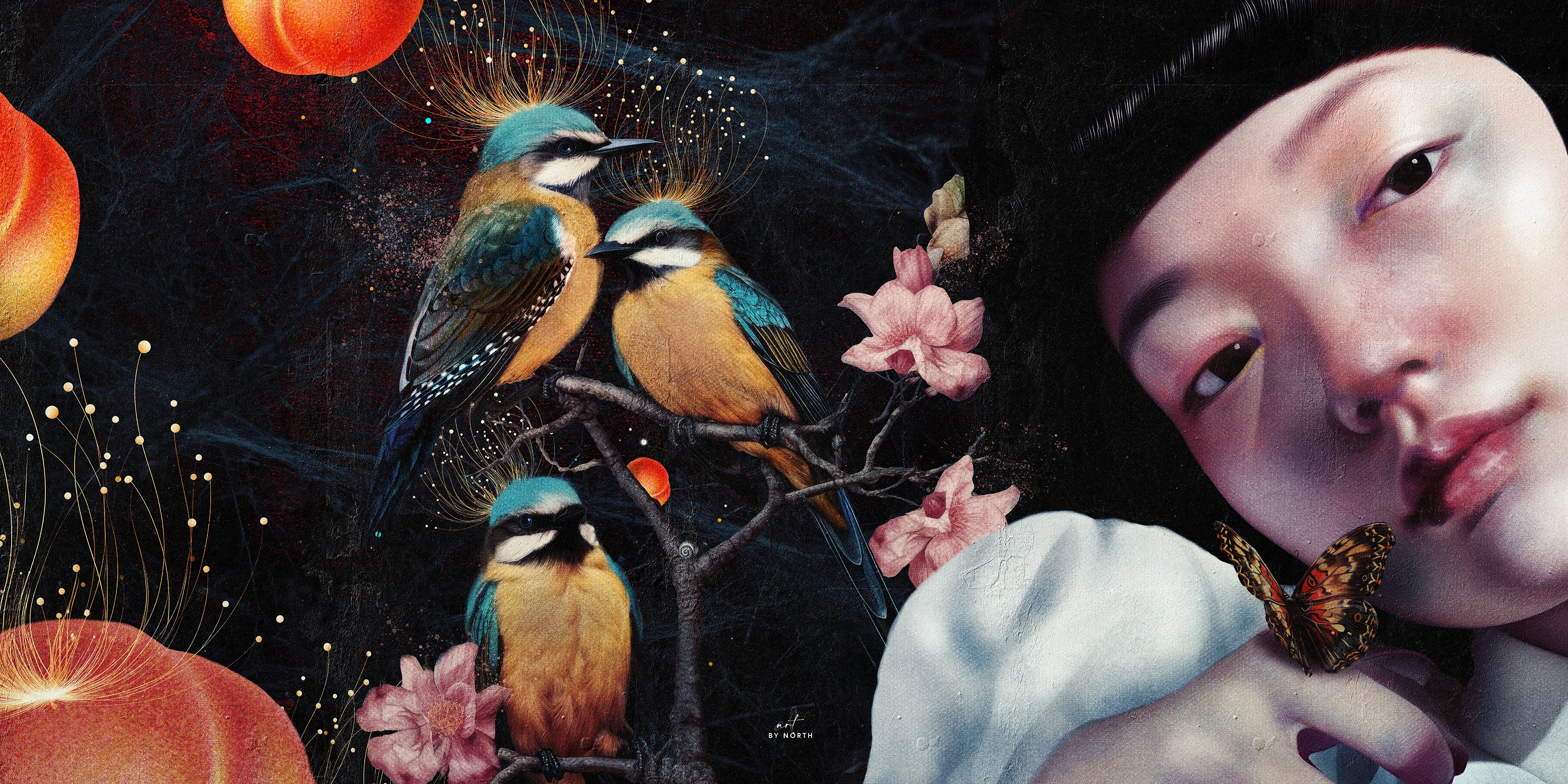 Surreal botanical portrait artwork with birds, flowers, butterflies and a dark atmospheric background, used as a hero image for Art by North.