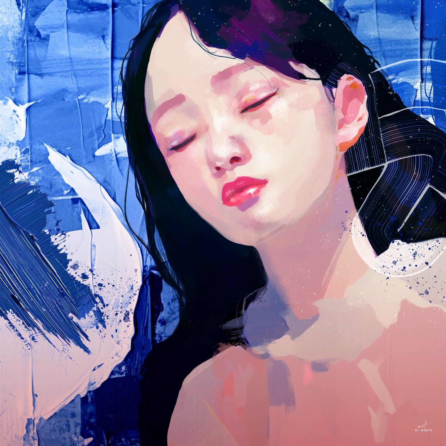 Contemporary portrait in deep blue tones with soft pink highlights