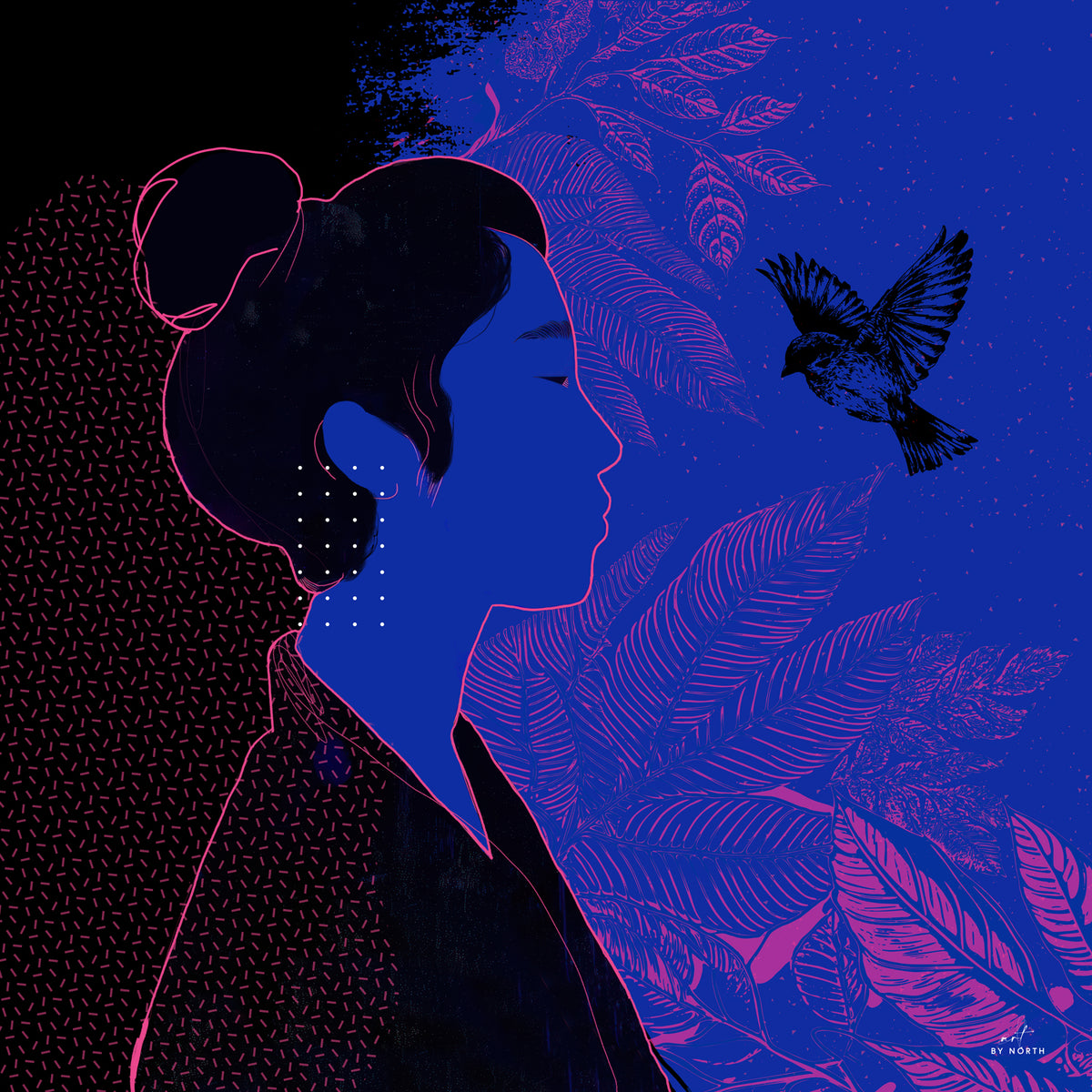 bluebird electrica figurative silhouette canvas wall art with blue and pink contrast tones