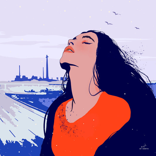 figurative contrast wall canvas print of woman in city with bright orange shirt and cobalt blue hair