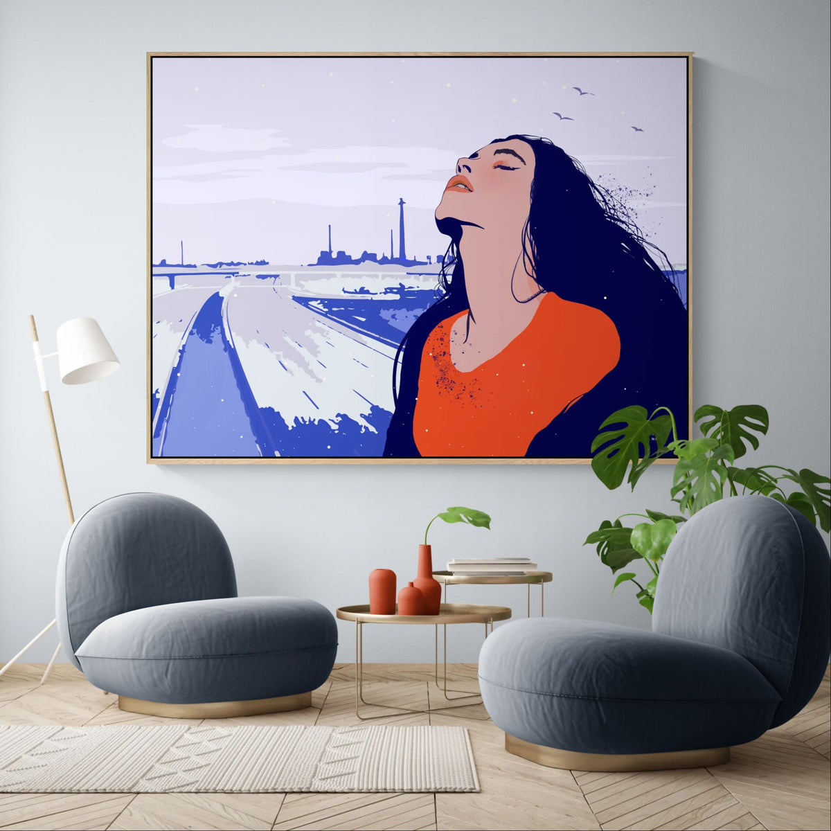 figurative contrast wall art in modern lounge with bold red and blue color contrast
