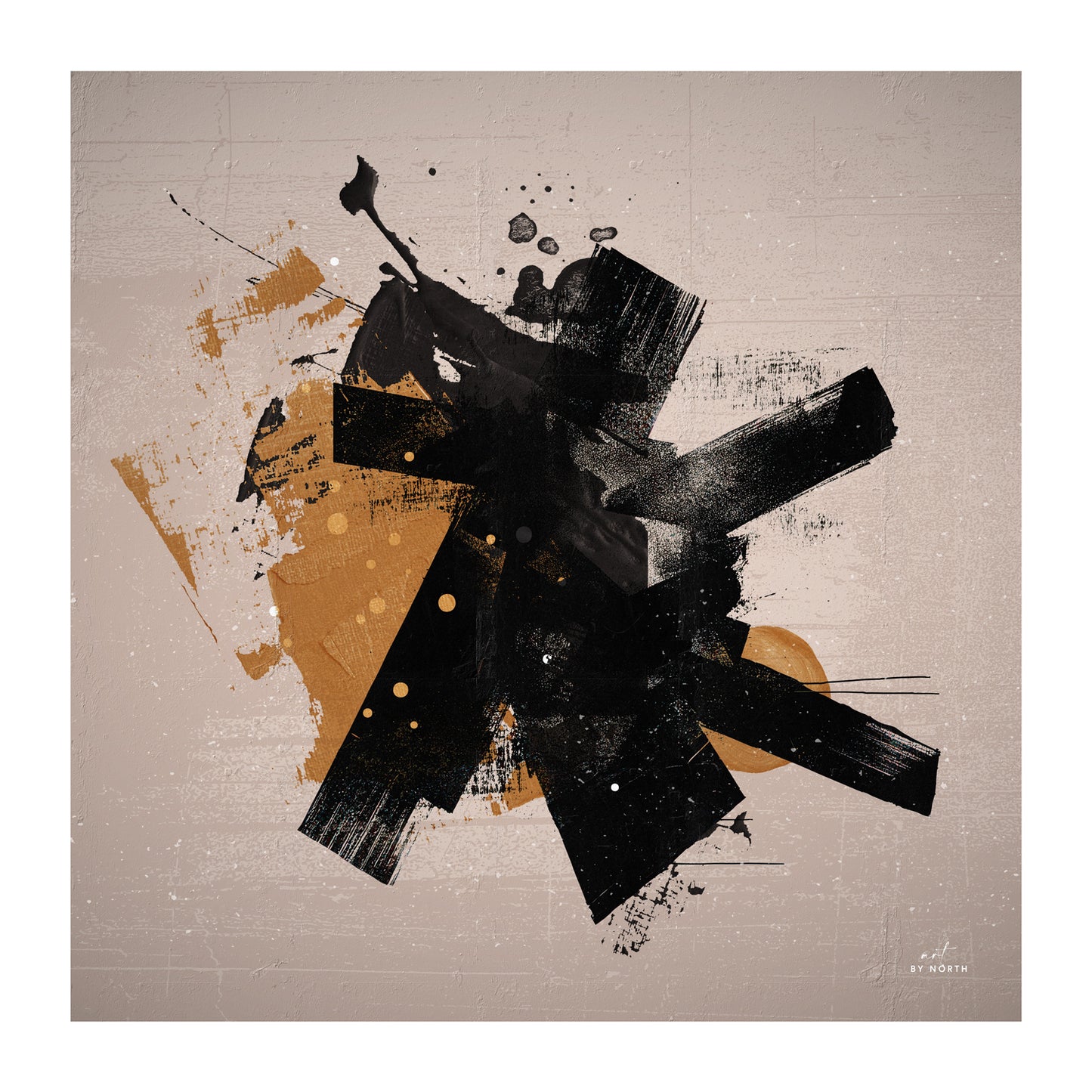 abstract geometric wall art canvas print with black layered forms and warm neutral background tones