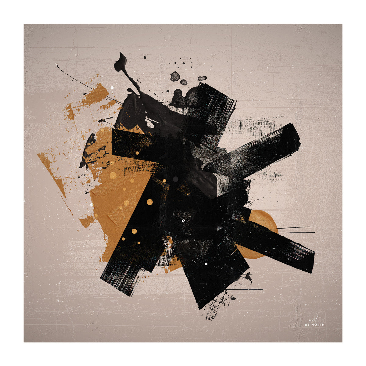 abstract geometric wall art canvas print with black layered forms and warm neutral background tones