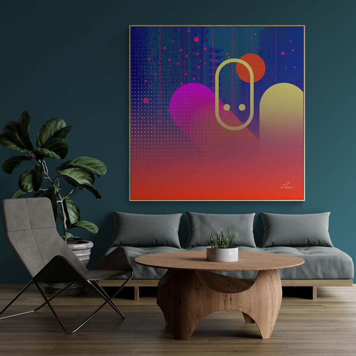 Vibrant wall art with neon geometric composition in green living room