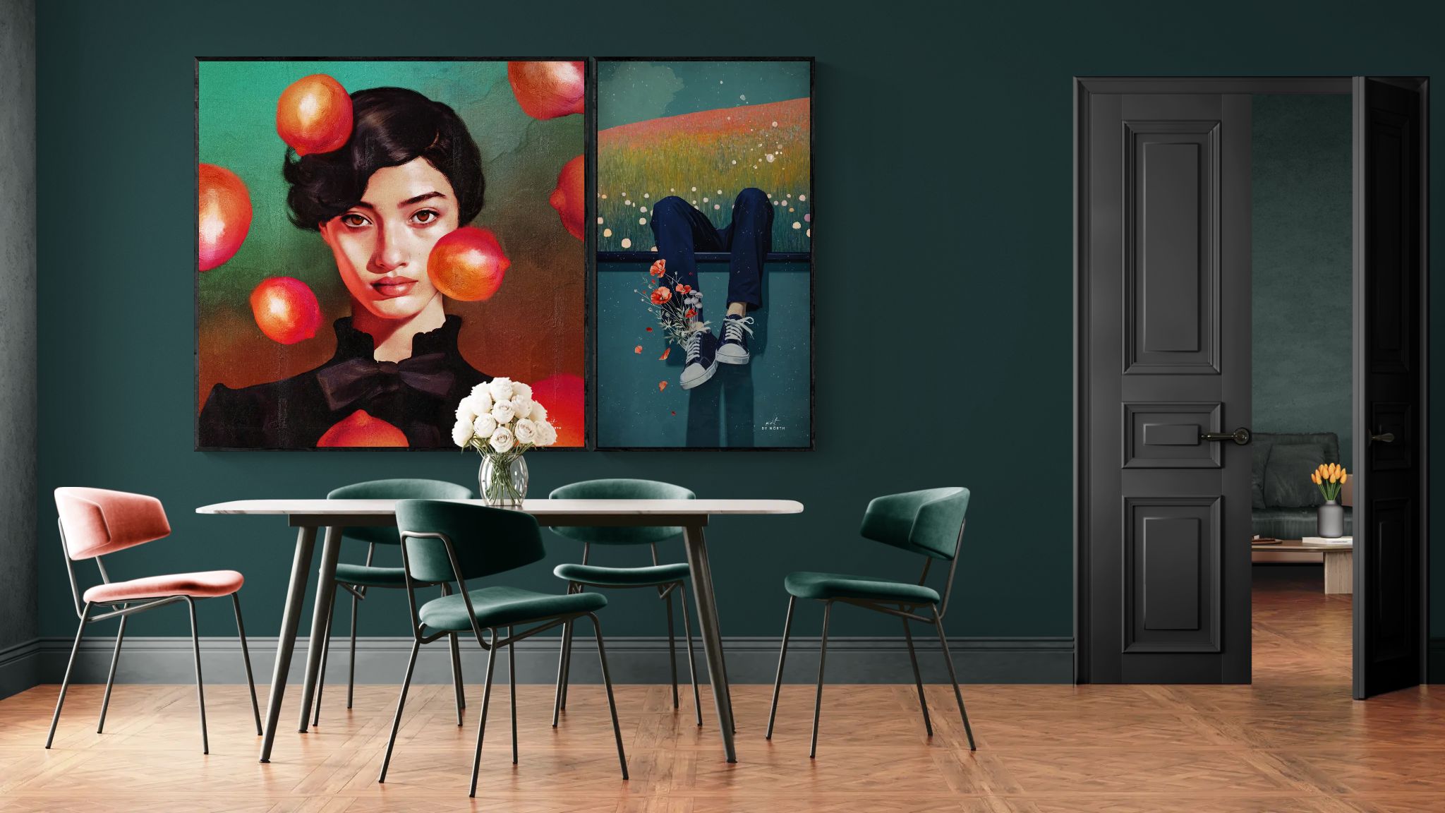 Two contemporary canvas prints displayed above a dining table on a dark green wall, creating a bold curated art wall in a modern interior.