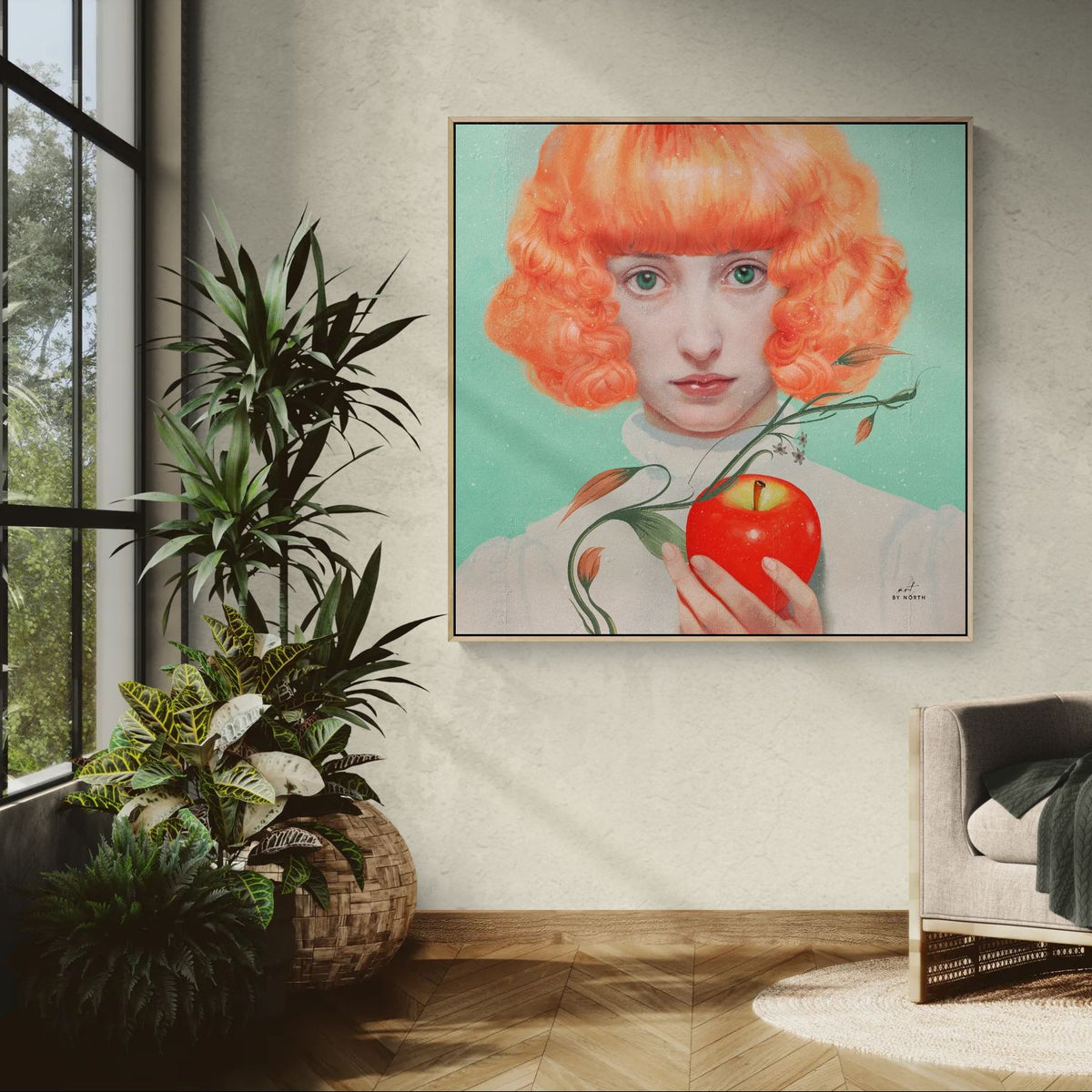 figurative portrait canvas wall art in modern interior with strong color contrast and red focal tones