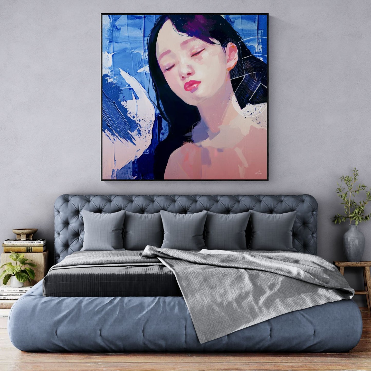 figurative portrait canvas wall art in modern bedroom with soft pastel palette and blue brush strokes