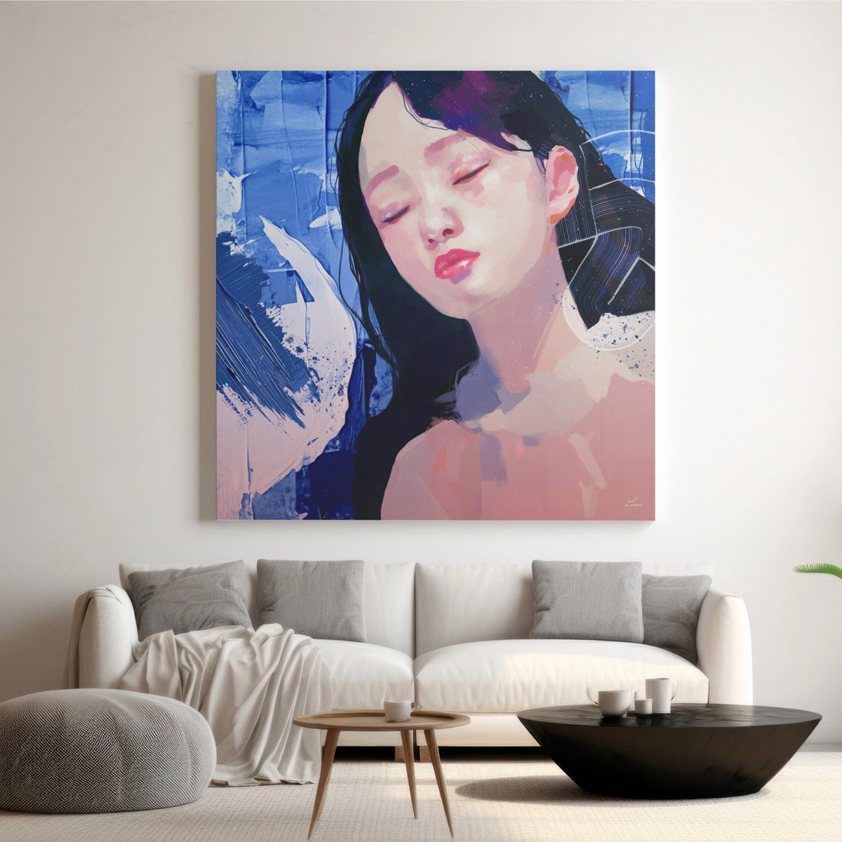 figurative portrait canvas wall art in modern interior with soft brush textures and blue palette