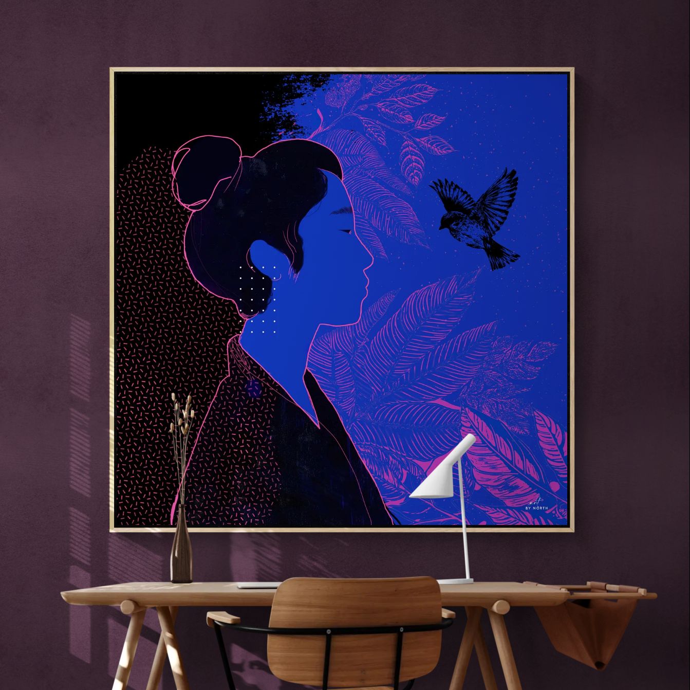 figurative silhouette wall art with high contrast lighting and graphic style in office 
