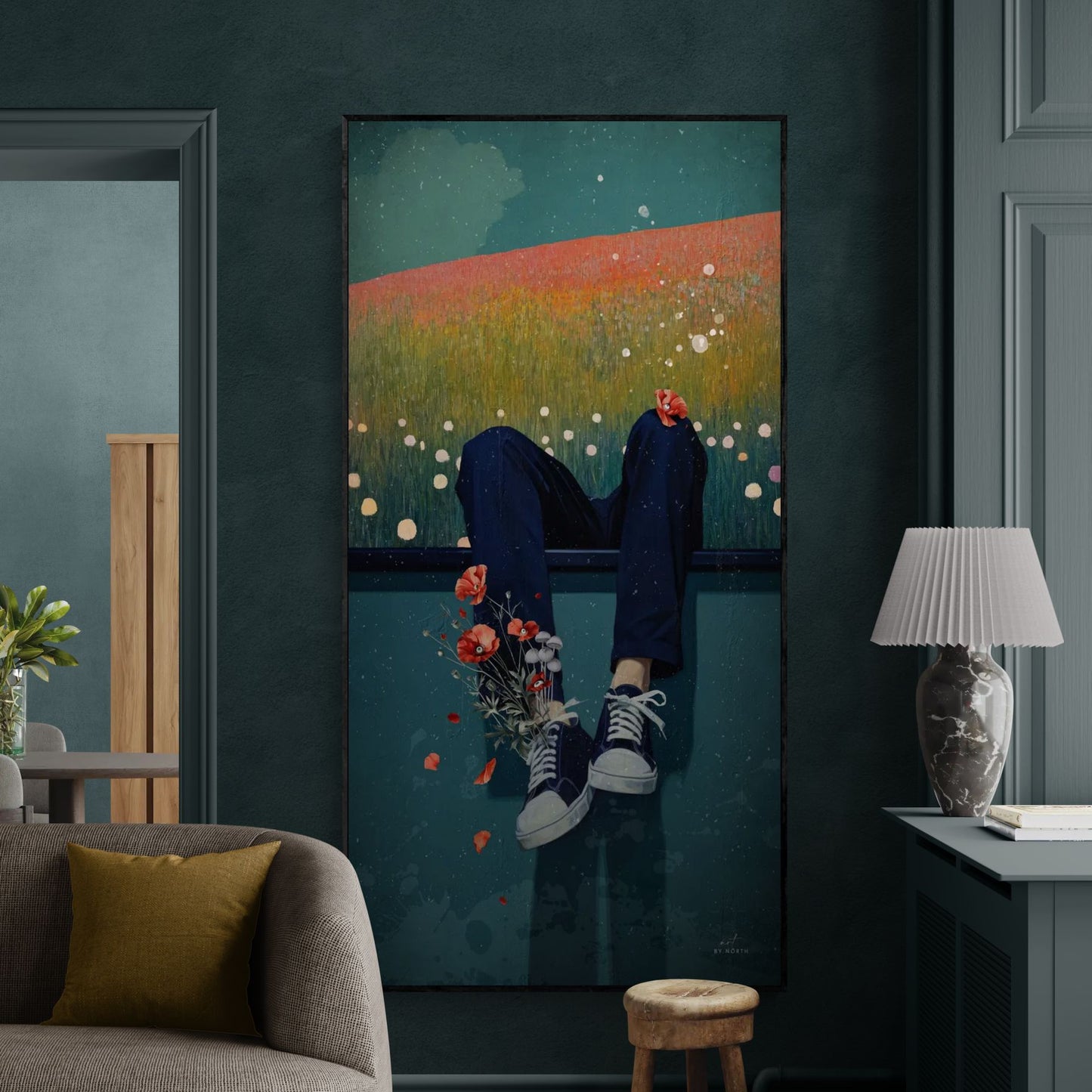 surreal figurative canvas wall art in modern interior with calm tones and flowers