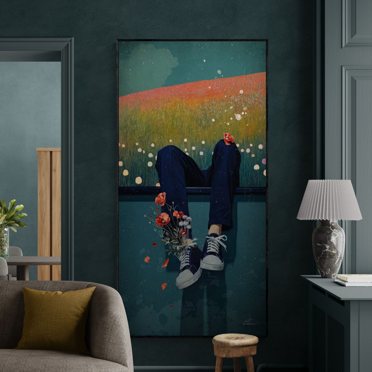 surreal figurative canvas wall art in modern interior with calm tones and flowers
