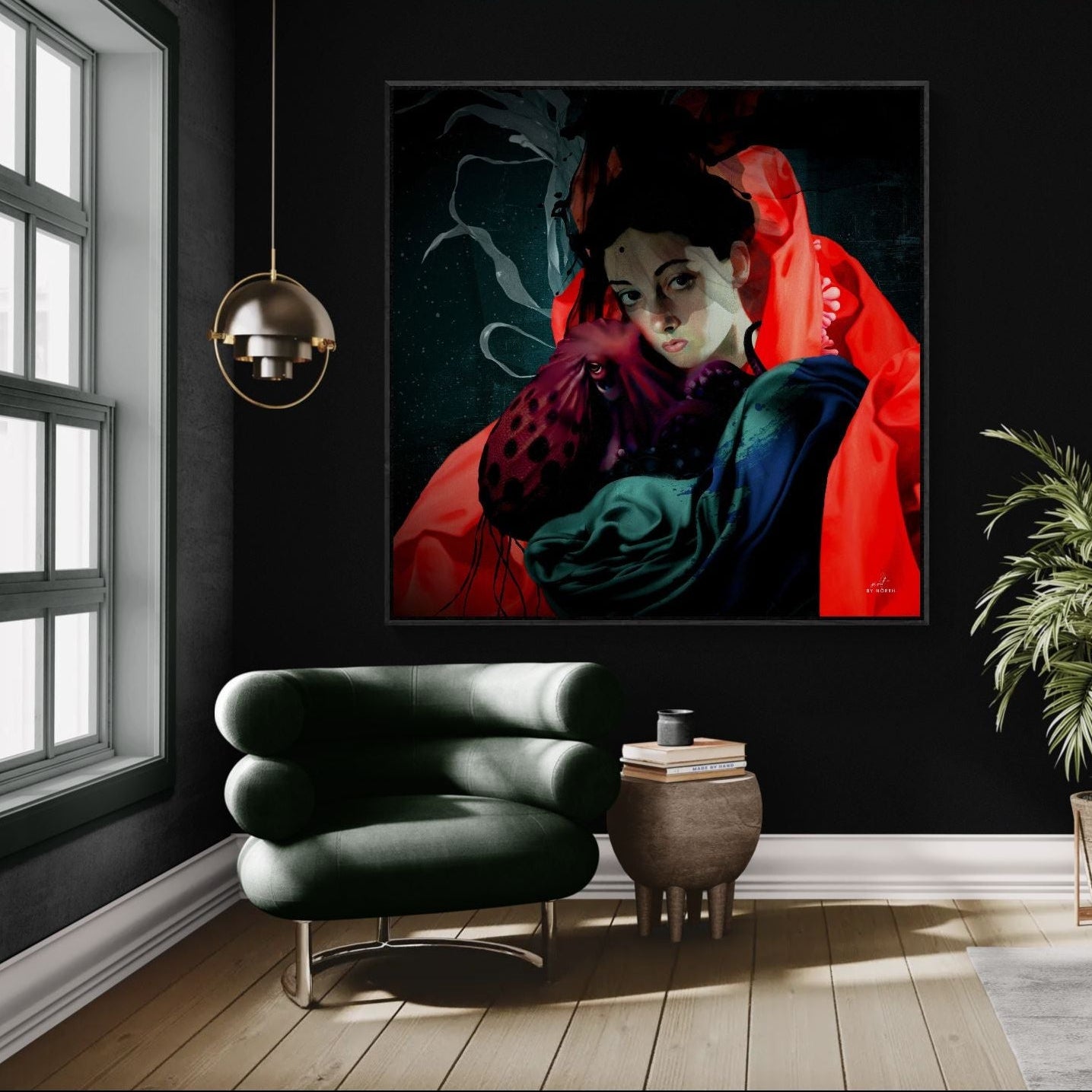 surreal portrait canvas wall art in lounge interior with dark moody atmosphere
