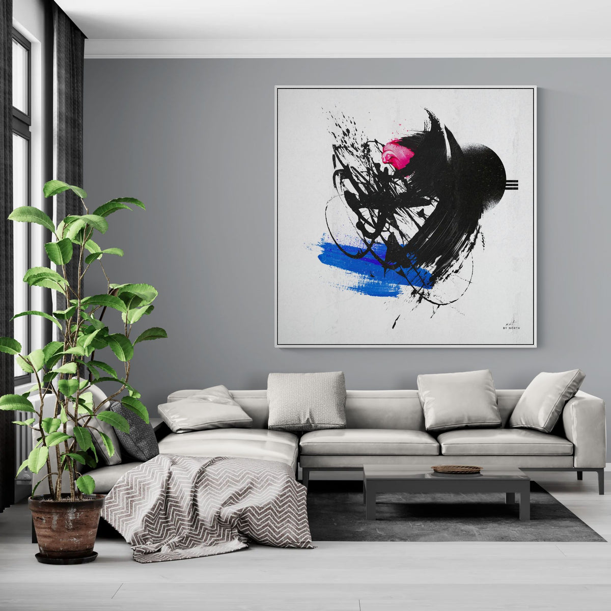 modern wall art with abstract geometric design in contemporary living room