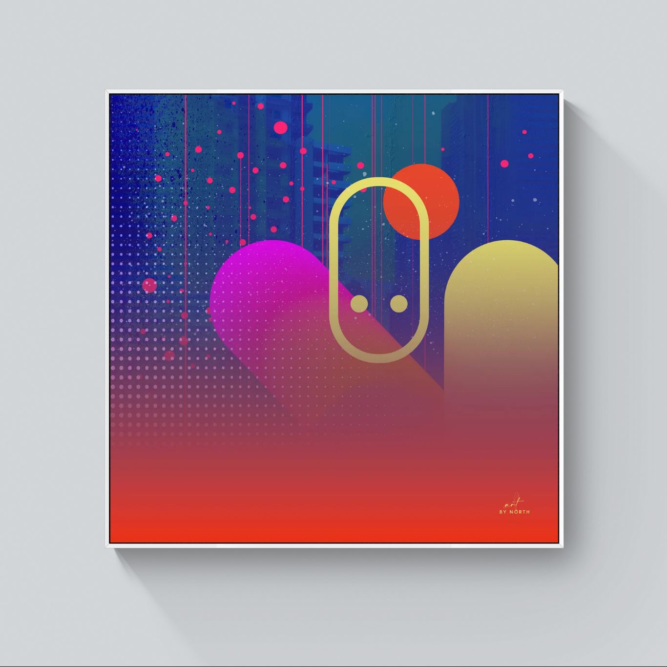 modern wall art with white frame creating clean contrast with neon composition