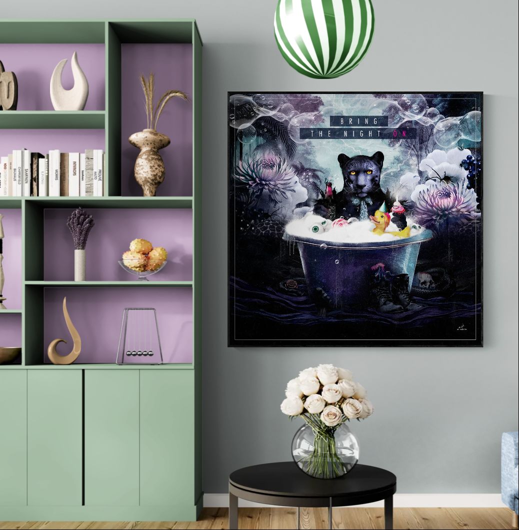 figurative surreal wall art with dark tones and cinematic mood in contemporary interior