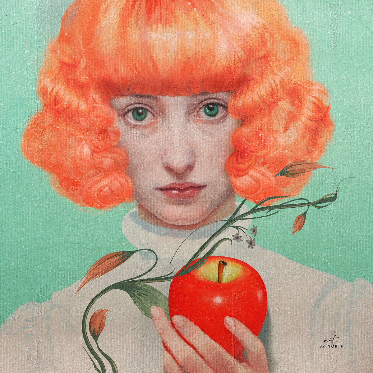 crimson reverie figurative portrait wall art with red hair green background and apple detail