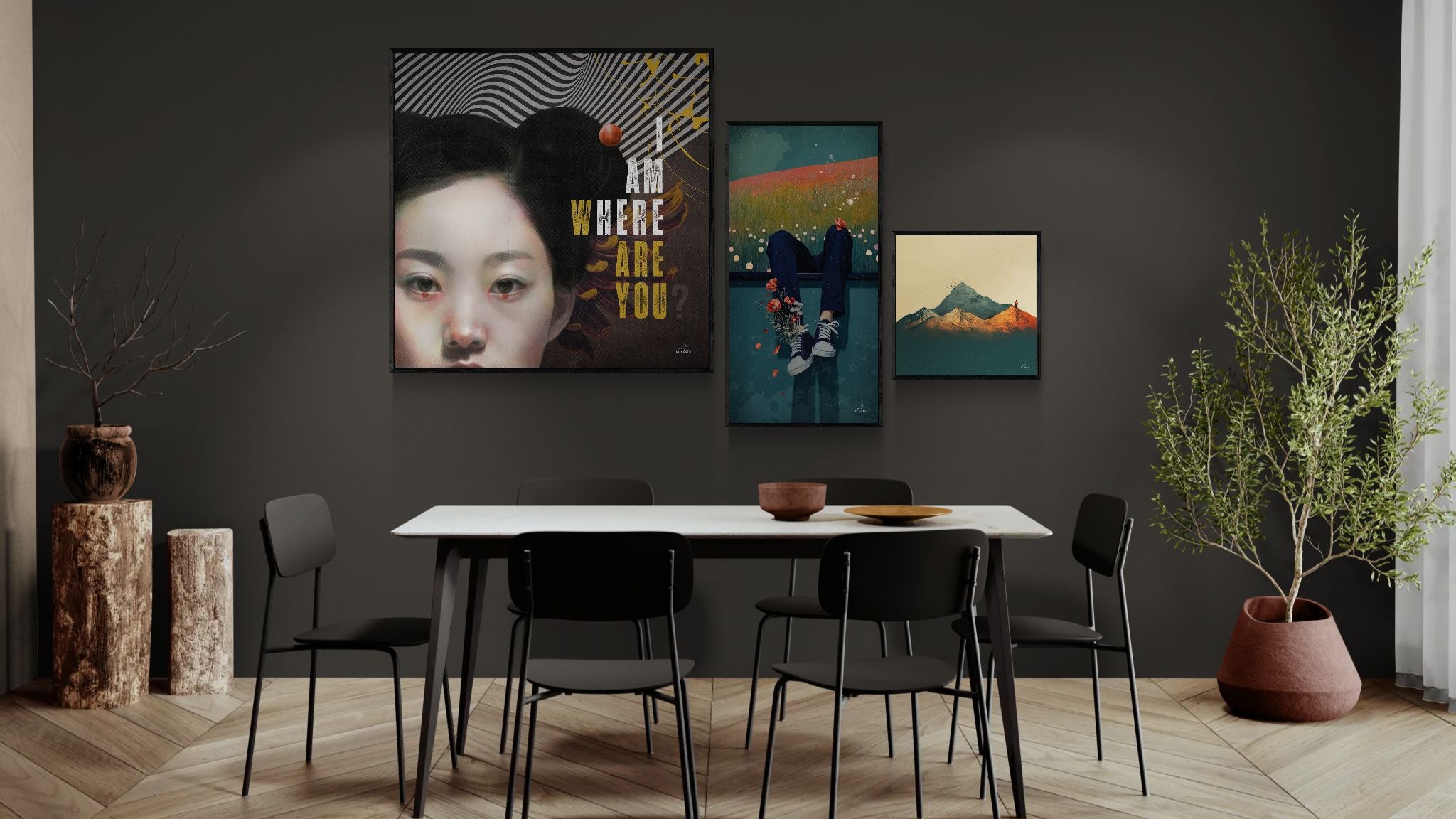Curated Art by North wall art arrangement displayed in a dark modern dining room with framed canvas prints, black chairs and a large indoor plant.