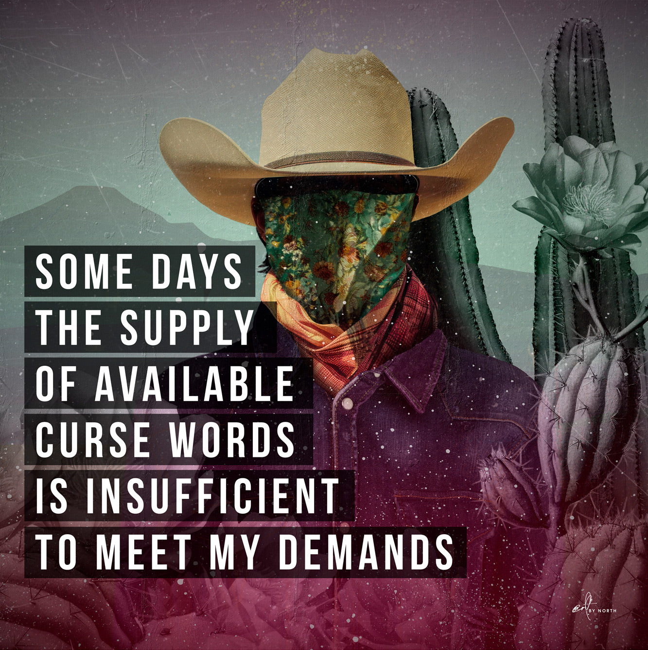 modern wall art with surreal cowboy portrait cactus background and quote