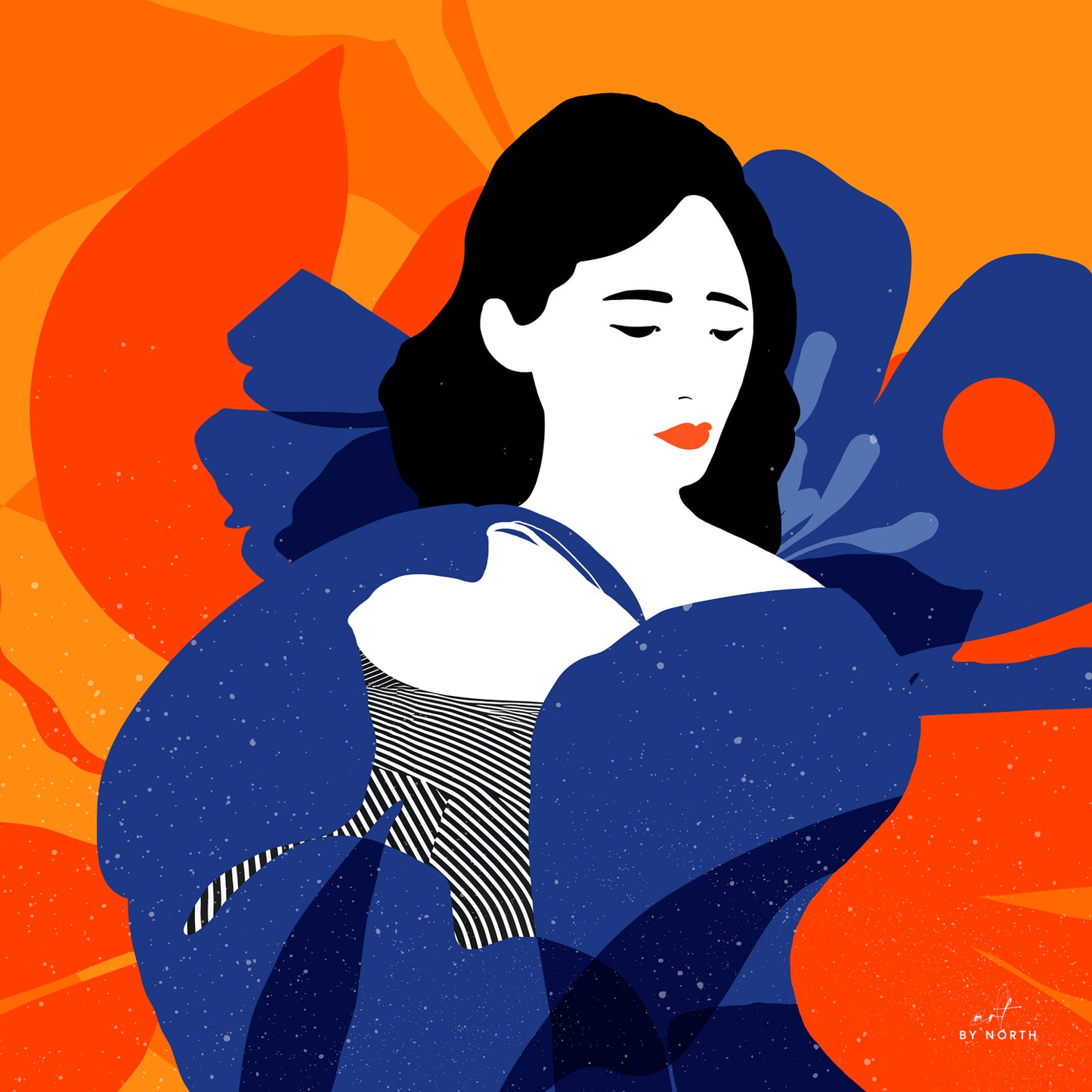 figurative wall art canvas print with bold orange and blue contrast and stylized female figure