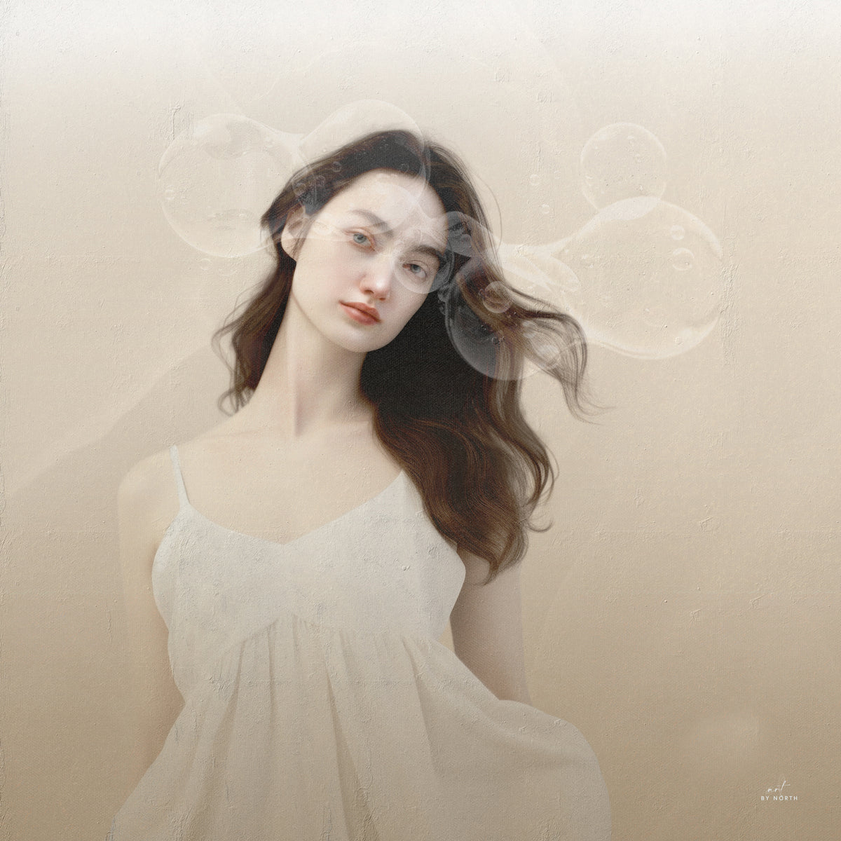 figurative portrait wall art of woman with soft sand colored background