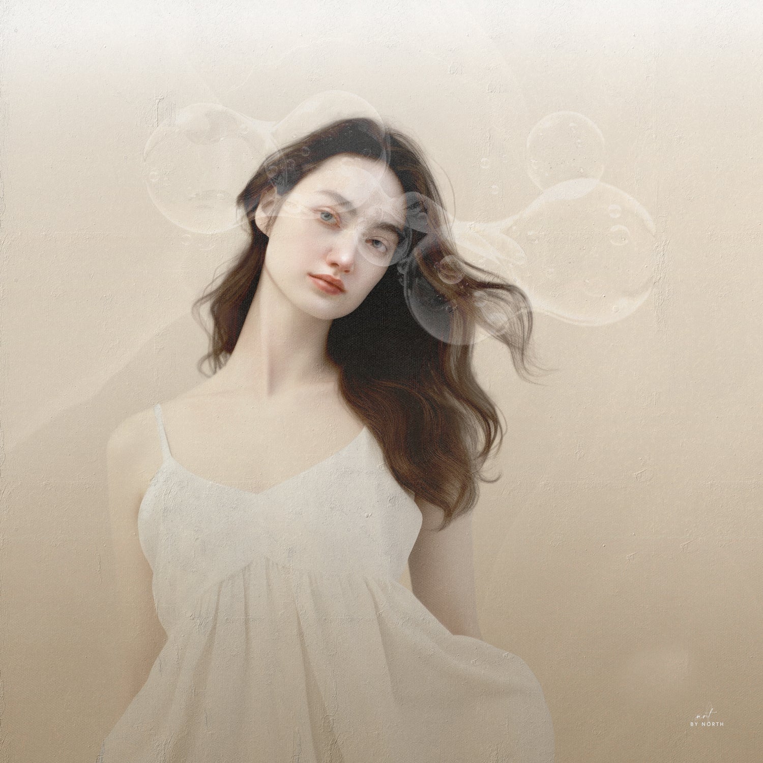 figurative portrait wall art of woman with soft sand colored background