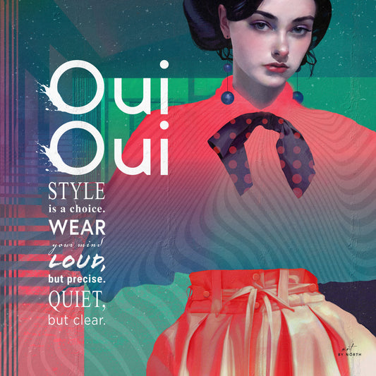 Fashion-inspired portrait of a woman with bold typography, graphic shapes and vibrant green and coral background.